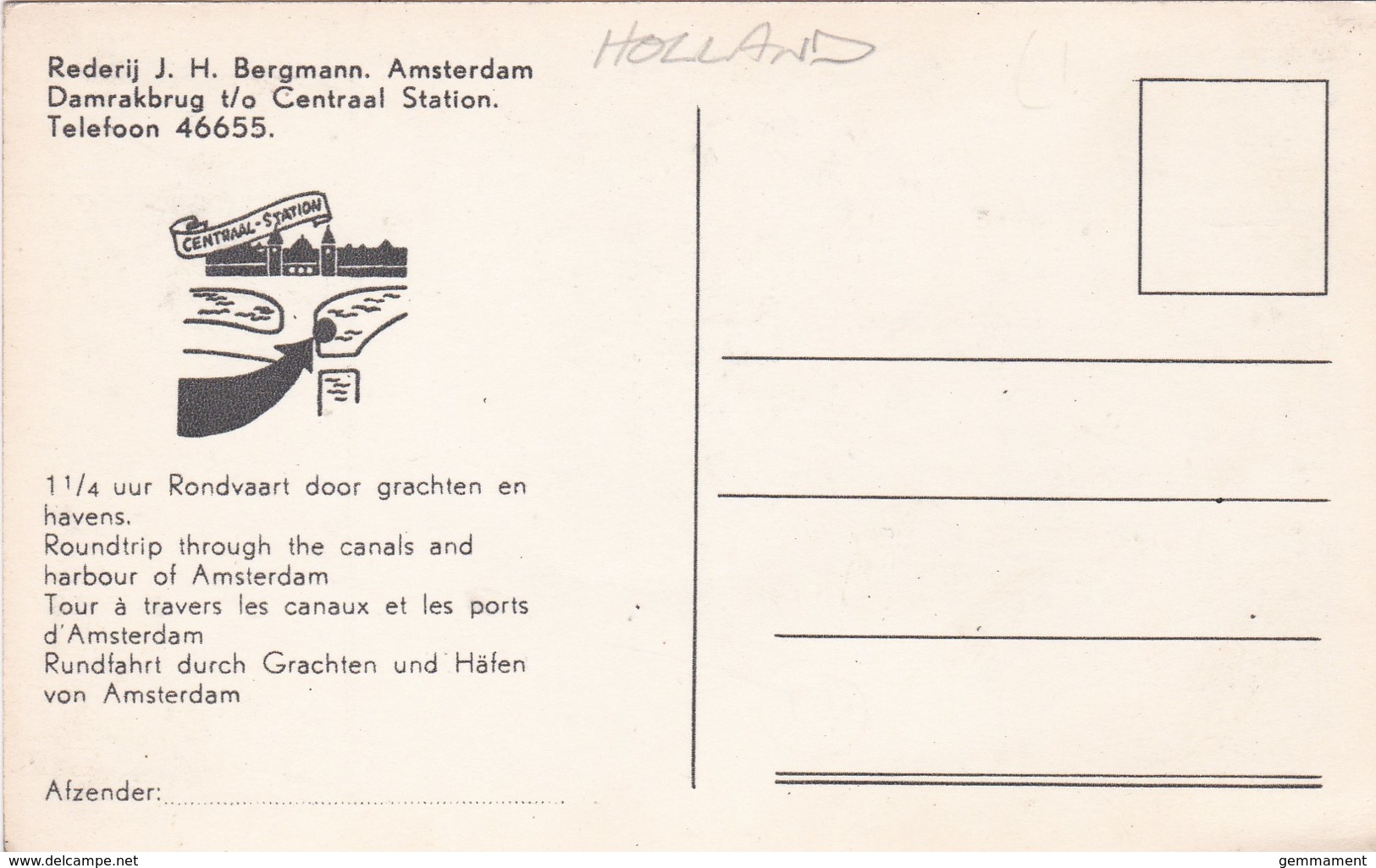 AMSTERDAM. ADVERT CARD FOR ROUND TRIPS CANAL AND HARBOURT - Amsterdam