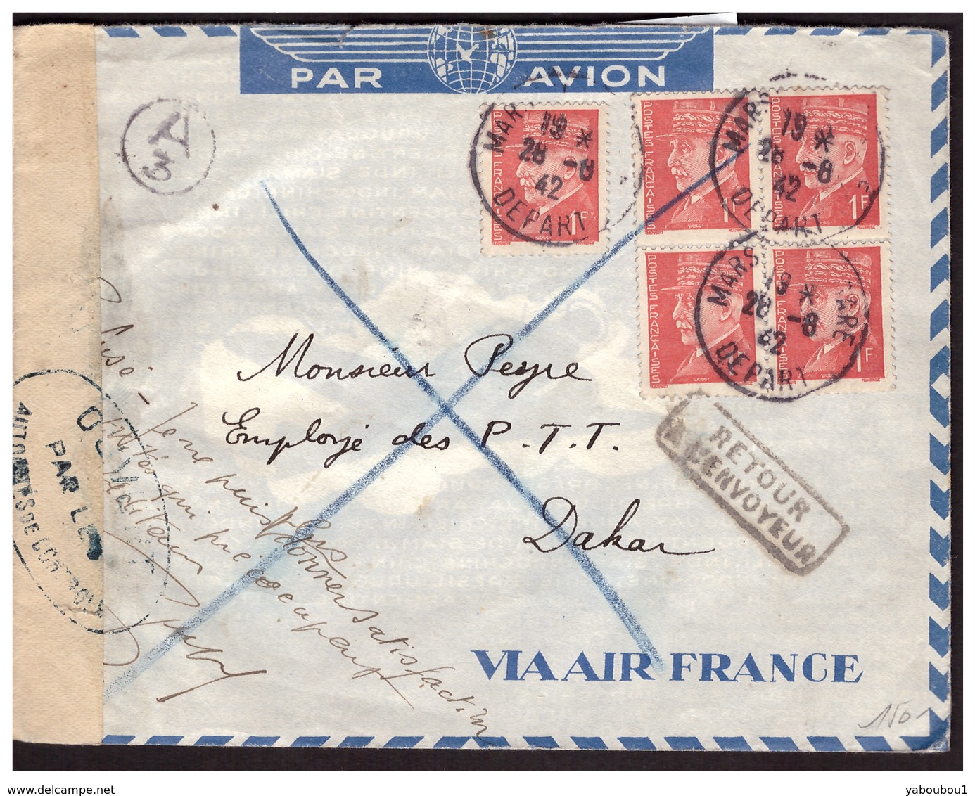 Bloc De 4 Du N° 514 Sur Lettre De MARSEILLE Pour DAKAR Du 28.8.42.  Retour à L'envoyeur Lettre Refusée Controle Postal - Briefe U. Dokumente