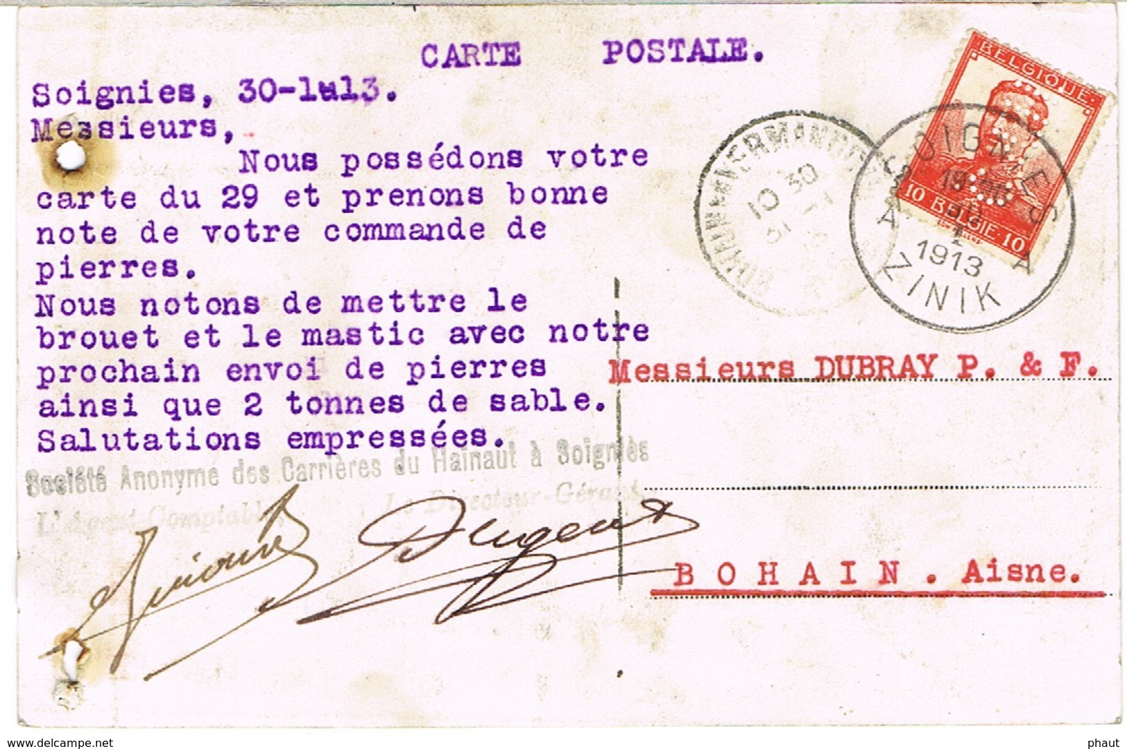 TIMBRE PERFORE SUR CPA COMMERCIALE STE DES CARRIERES DU HAINAUT A SOIGNIES ETAT - 1909-34