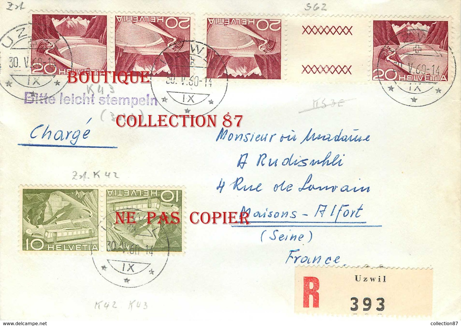 ♣♣ ☺ SUISSE < LETTRE RECOMMANDEE Avec PAIRES TETE BECHE S 62 Et K 43 Et K 42 Avec CACHET De UZWIL Le 30-05-1960 - Lettres & Documents