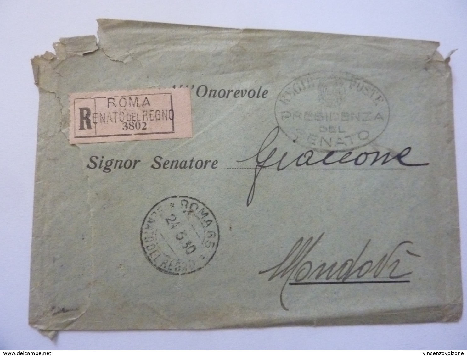 Busta Viaggiata "Roma Senato Del Regno -  SENATORE GIACCONE Mondovì" 1930 - Storia Postale