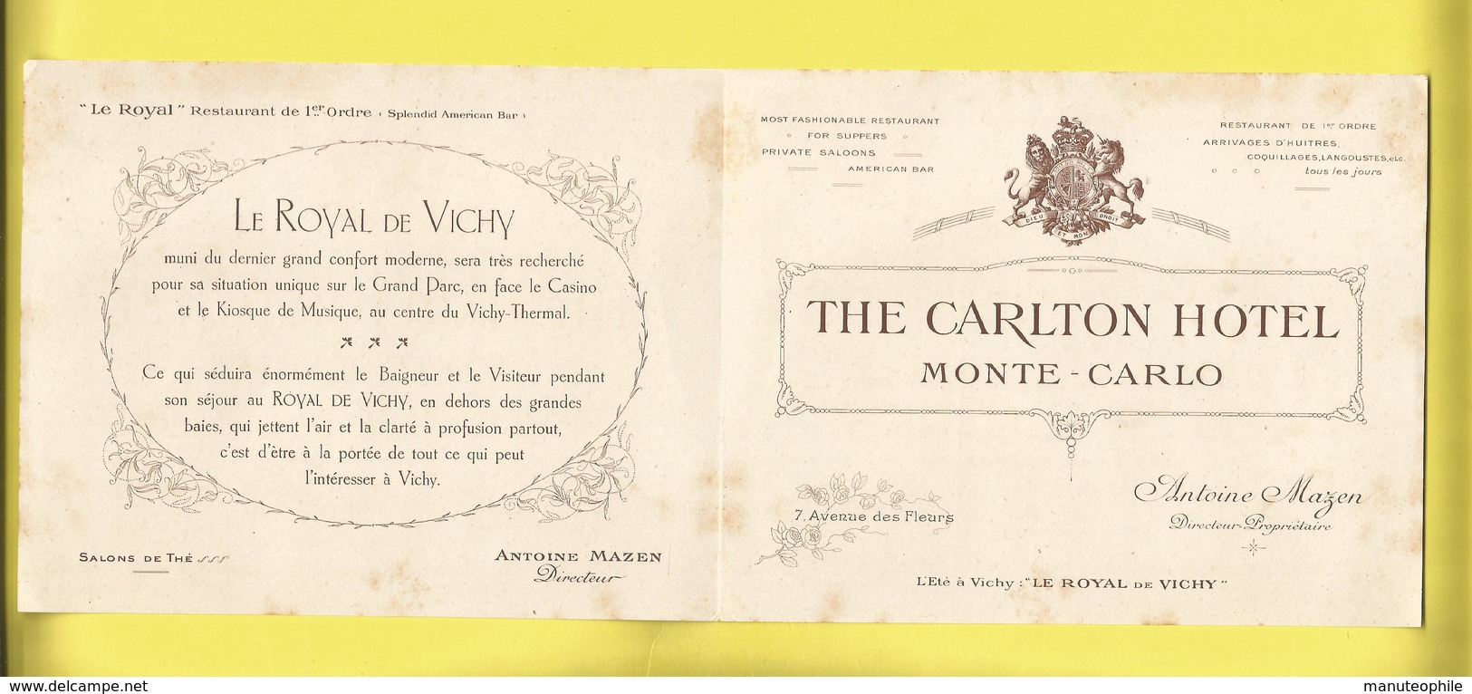 Enveloppe Ou Lettre Publicitaire Commerciale De MONTÉ-CARLO " THE CARLTON HÔTEL " L'Hiver Et VICHY L' ÉTÉ - 1921-1960: Période Moderne