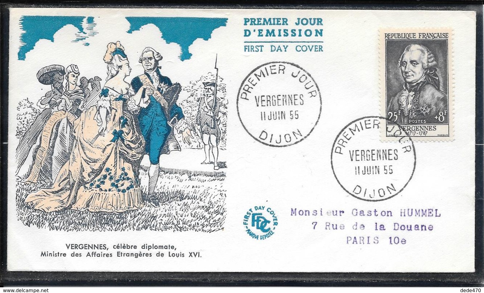 FDC 1955 - 1030 Célébrités Du XIIème Au XXème S.: Charles Gravier, Comte De Vergennes - 1950-1959