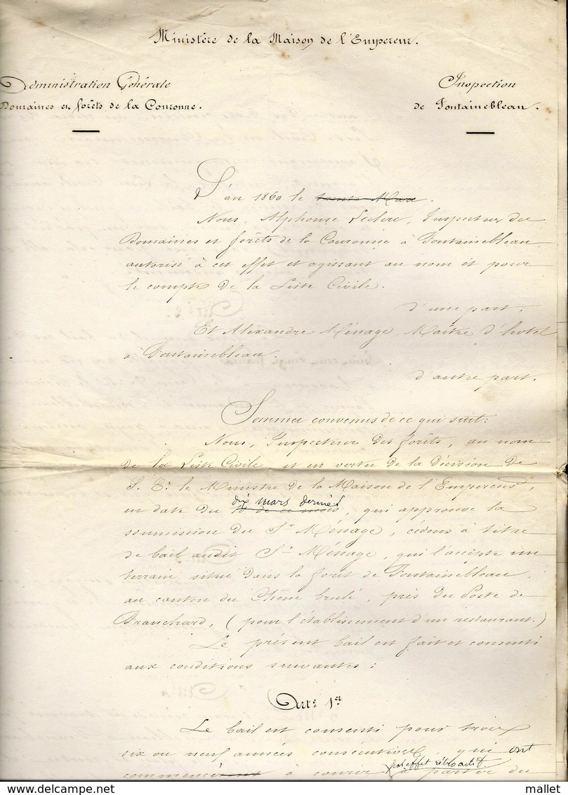 Bail De 1860 Du Restaurant De Franchard - Inspection De Fontainebleau - Document 8 Pages Avec Croquis à La Fin - Documents Historiques