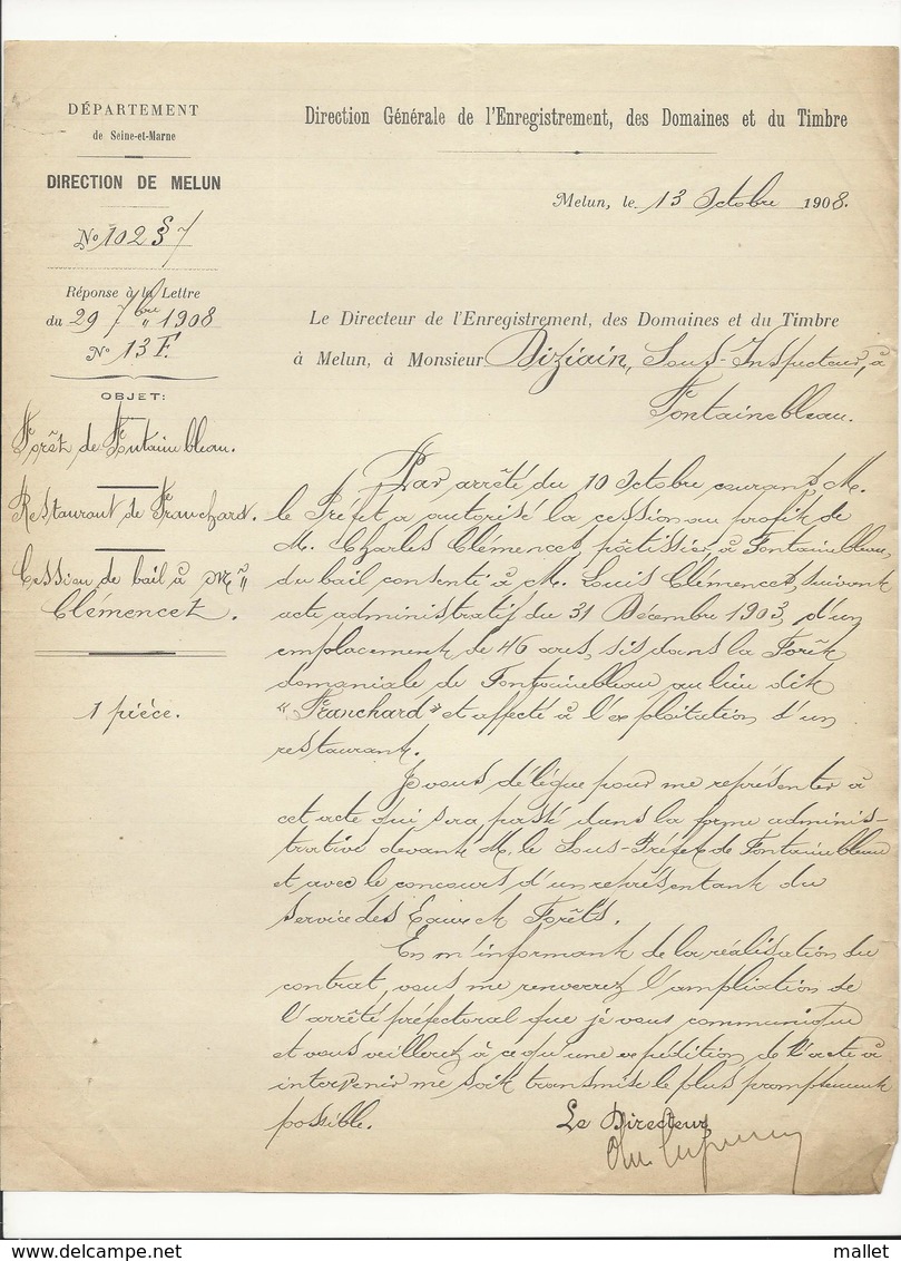 Courrier Relatif à La Cession De Bail Du Restaurant De Franchard - Direction De Melun - 1908 - Documents Historiques