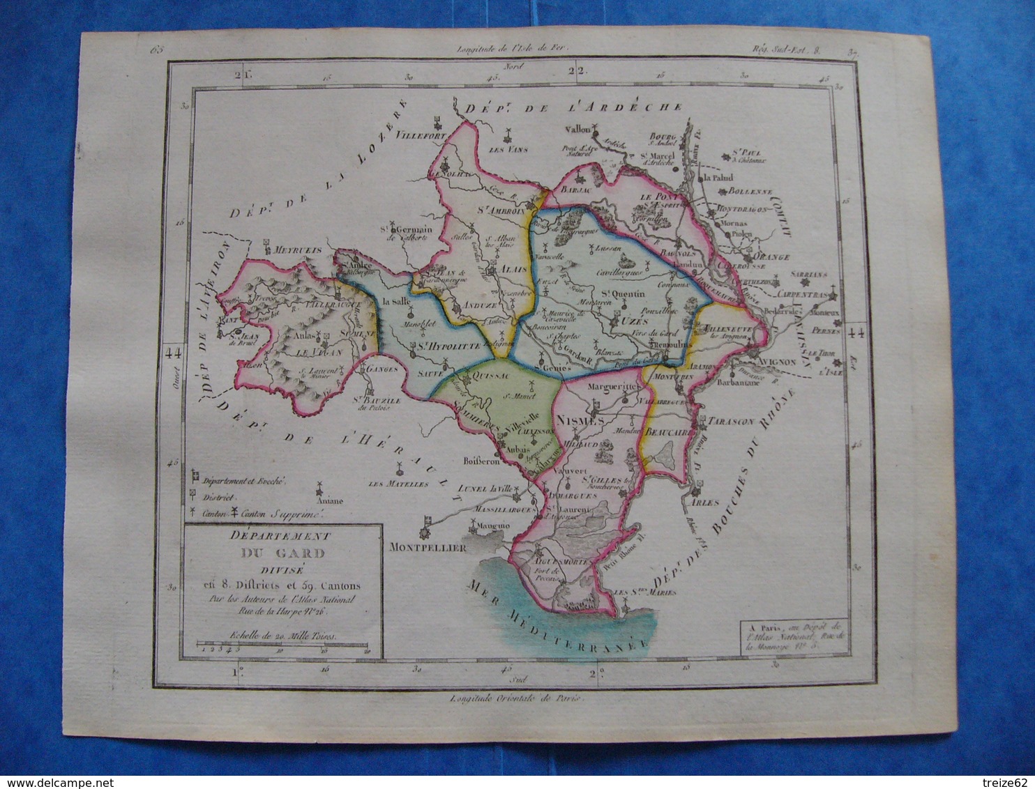 Rare Révolution Française Carte Gard 1793 Nimes Aigues Mortes Alès Uzes Vauvert Saint Hypolitte Aymargues Valleraugue - Cartes Géographiques