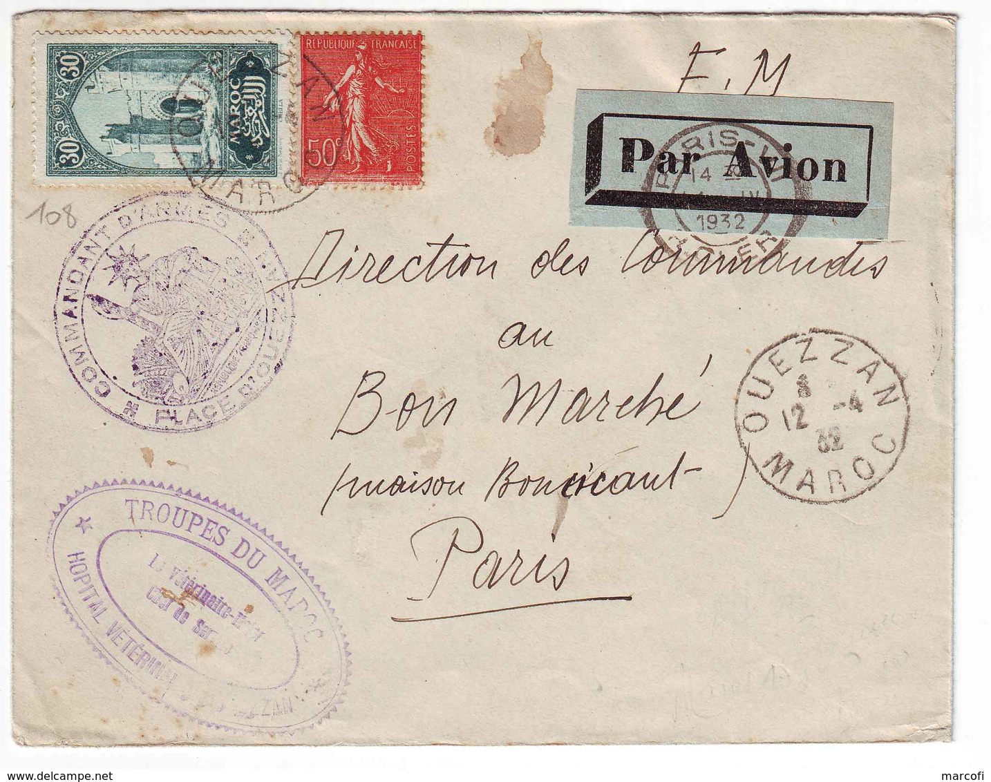 B17 Lettre Avion Militaire Avec Affranchisst Mixte Tp Maroc + Semeuse N°199 France (1932) - Lettres & Documents