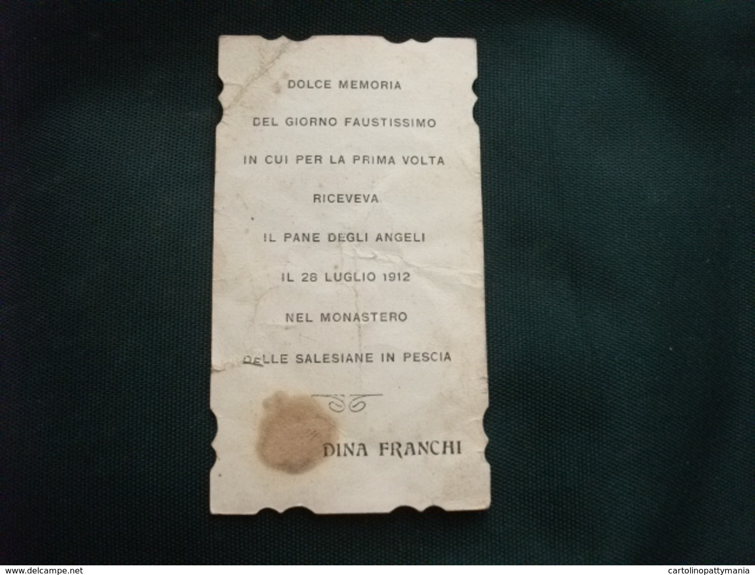 SANTINO HOLY PICTURE IMAGE SAINTE RICORDO DELLA PRIMA COMUNIONE 28 LUGLIO 1912 PIEGHE MACCHIA SCURA - Religione & Esoterismo