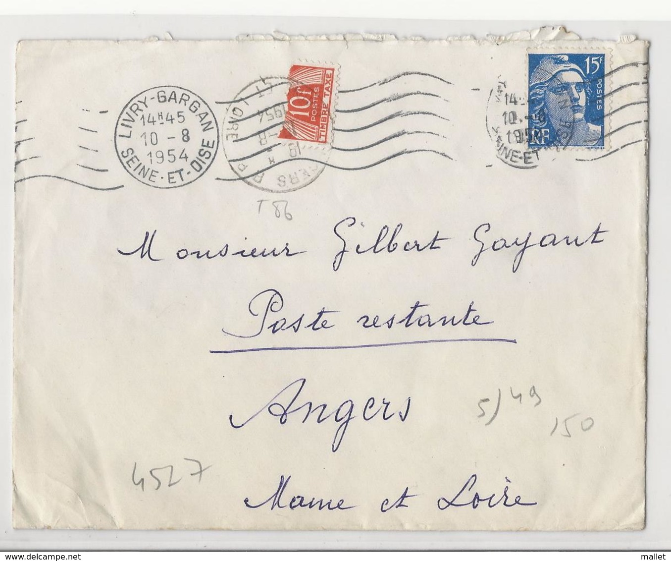 Lettre (1954) De Livry-Gargan à Angers En Poste Restante, Affranchie à 15 Frs Et Taxée Par Moitié Du N°86 - 1859-1959 Lettres & Documents