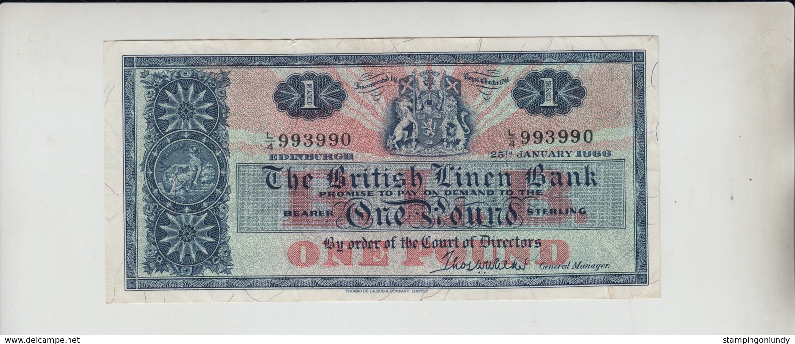 AB436. The British Linen Bank £1 Banknote 25th January 1966 #L/4 993990 FREE UK P+P - 1 Pound