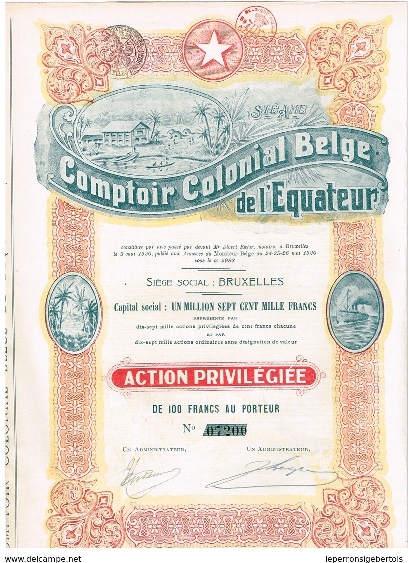 Action Ancienne - Comptoir Colonial Belge De L' Equateur -Titre De 1920 - N° 07206 - Afrika