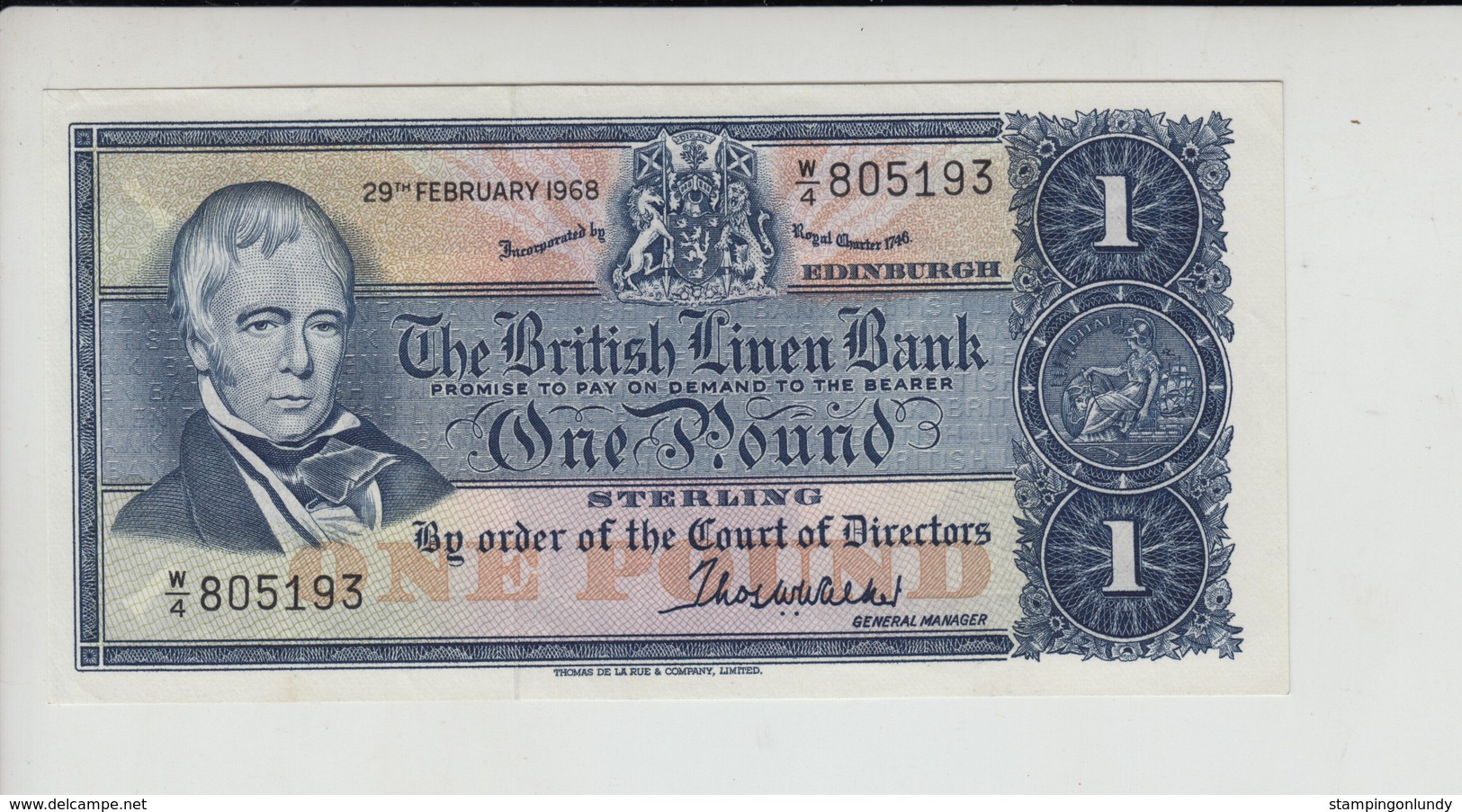 AB447. The British Linen Bank £1 Banknote 29th February 1968#W/4 805193 FREE UK P+P - 1 Pound