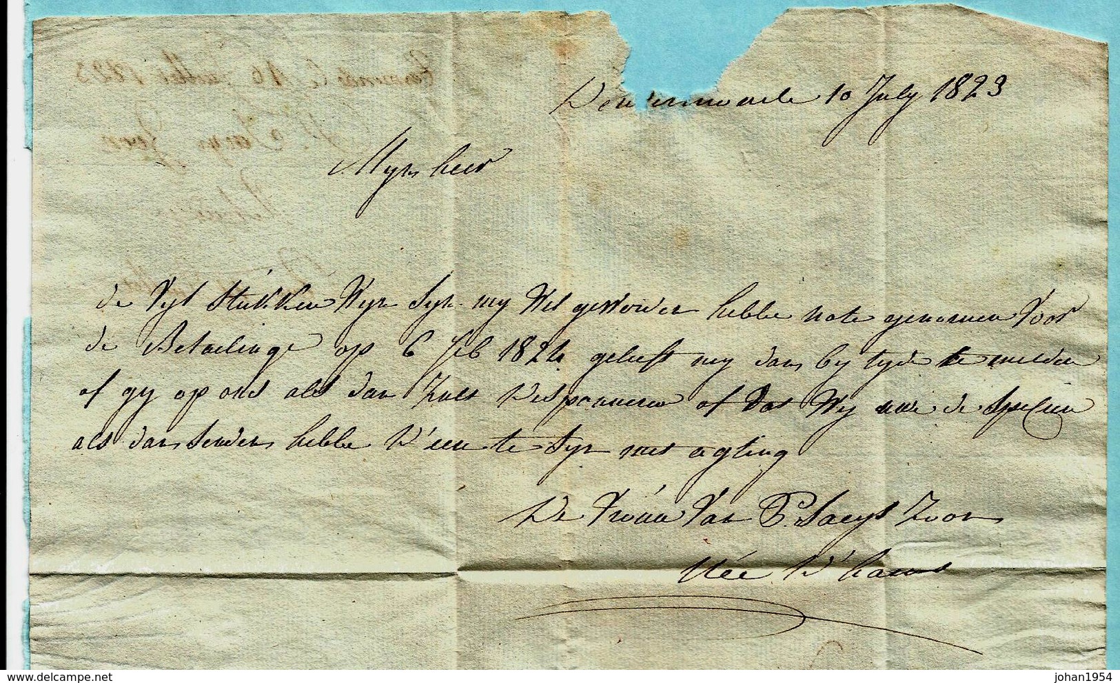 Brief Met Inhoud 10/07/1823, Griffe DENDERMONDE (59x6 Mm - Herlant 33) - 1815-1830 (Dutch Period)