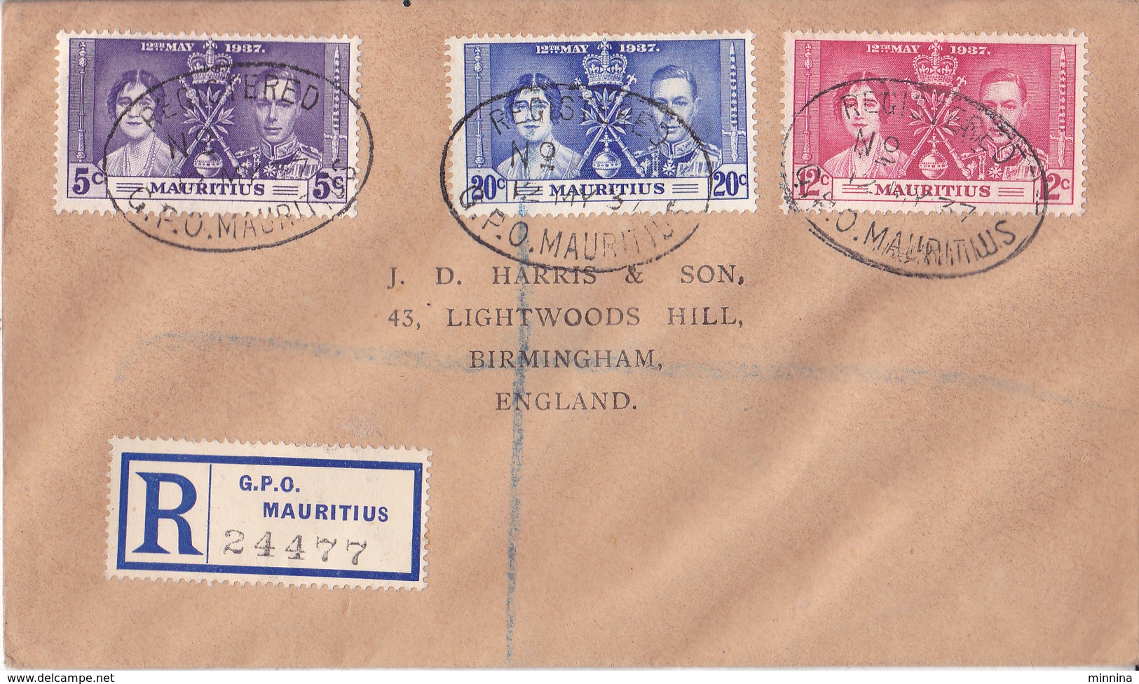 Mauritius To England  - 1937 Coronation - Raccomandata - Mauritius (1968-...)