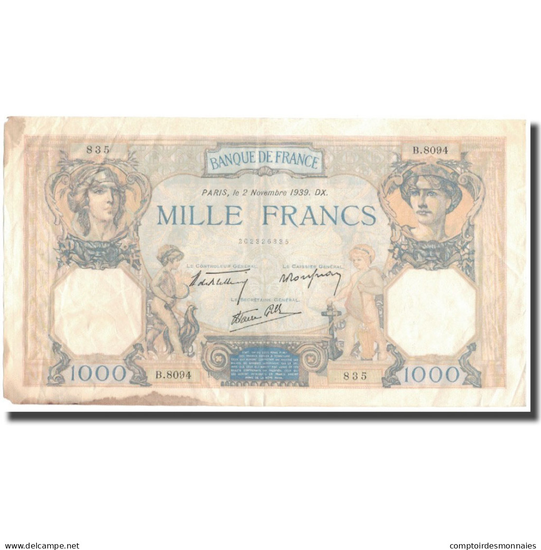 France, 1000 Francs, Cérès Et Mercure, 1939-11-02, TTB, Fayette:38.38, KM:90c - 1 000 F 1927-1940 ''Cérès Et Mercure''