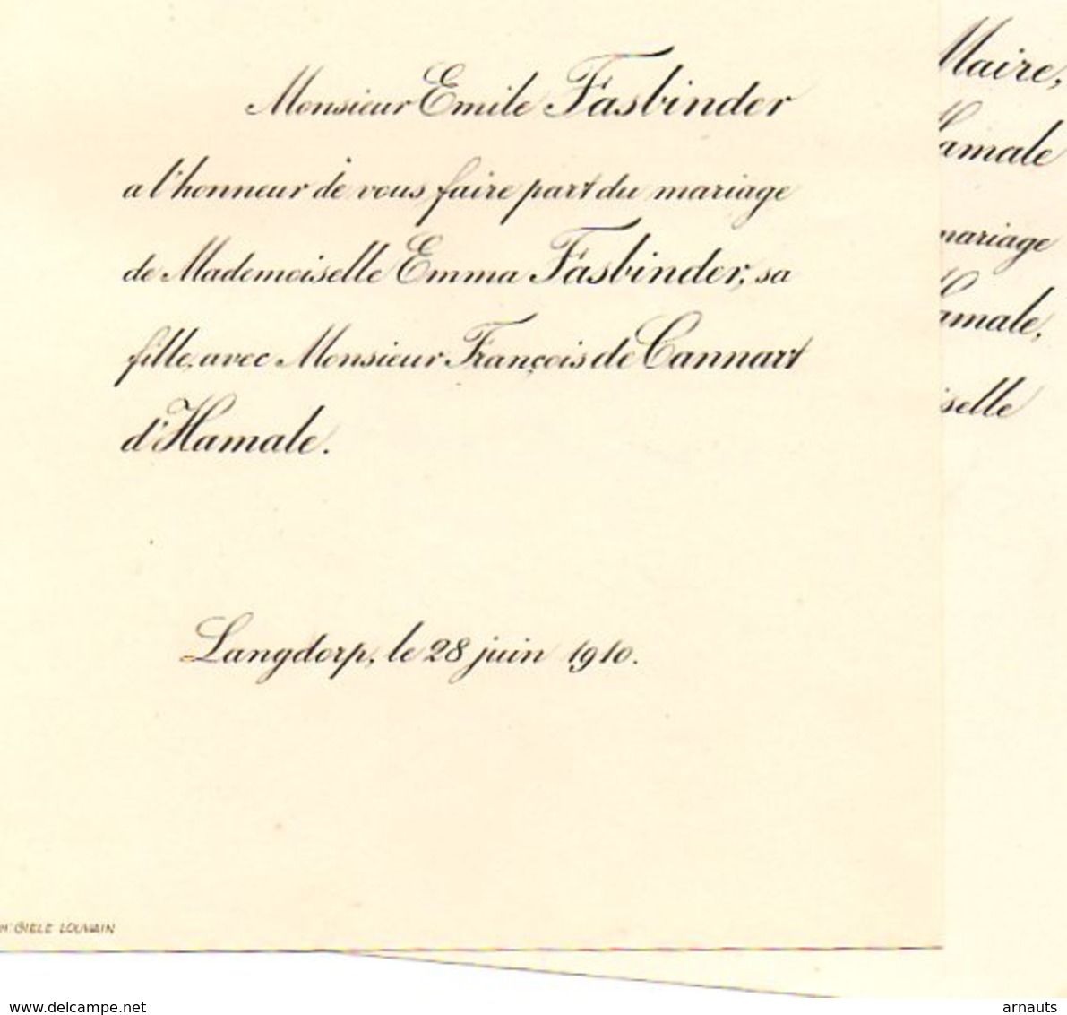 Mariage 1910 -2 Feuilles  Emma Fasbinder Langdorp Aarschot Avec François De Cannart D'Hamale Bruxelles Général LeMaire - Mariage