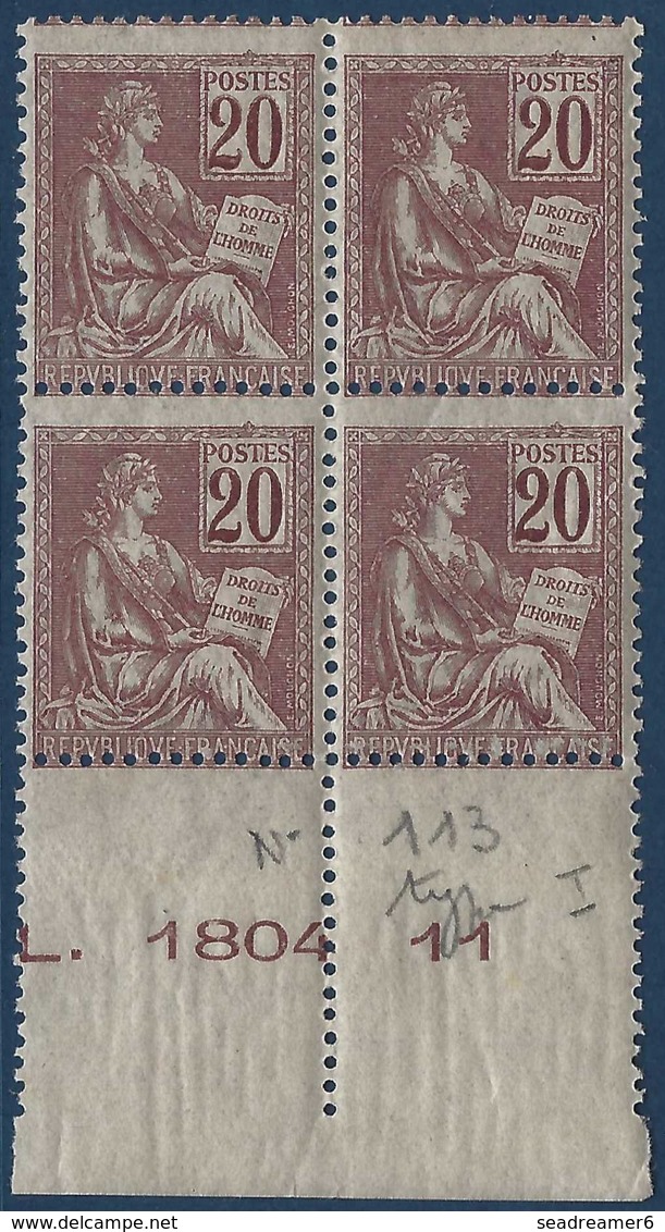 France Mouchon N°113** Bloc De 4 Bdfeuille Numéroté, Fraicheur Postal, Signé Calves - 1900-02 Mouchon