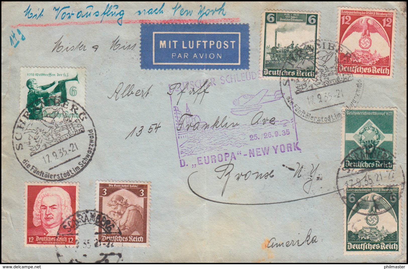 Katapultpost S.S. EUROPA - NEW YORK 25.-26.9.1935 Brief SSt SCHRAMBERG 17.9.35 - Sonstige & Ohne Zuordnung