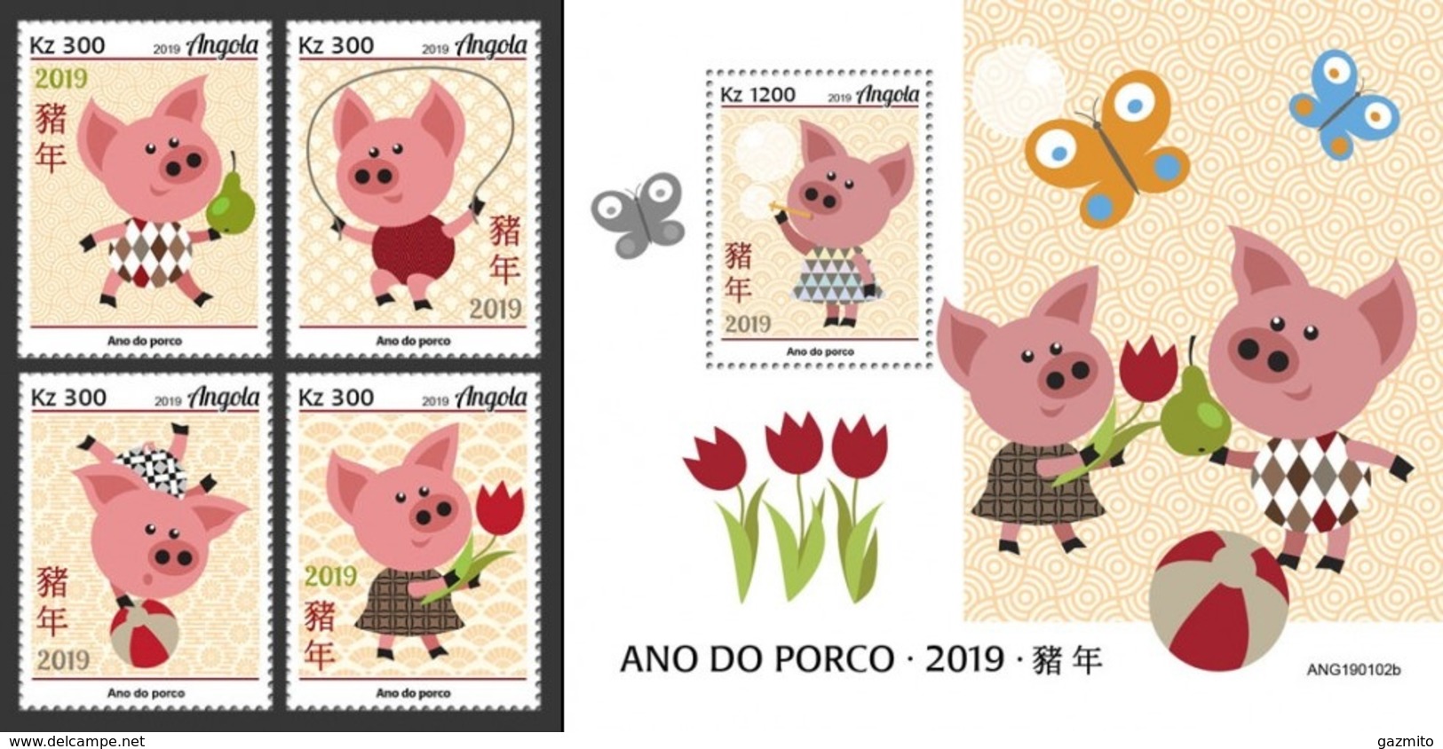 Angola 2019, Year Of The Pig, 4val In BF +BF - Chinees Nieuwjaar