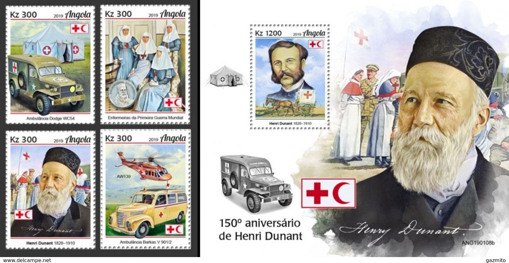 Angola 2019, Red Cross, Dunandt, Cars, 4val In BF +BF - Henry Dunant