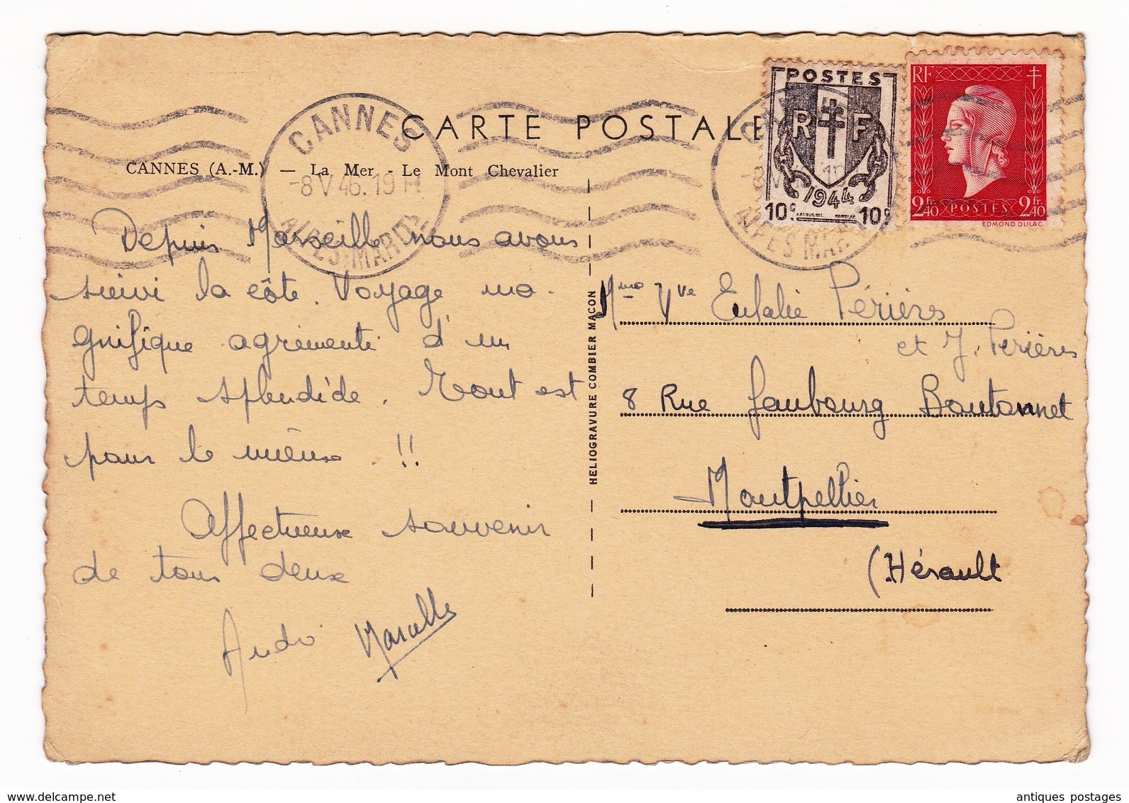 Carte Postale Cannes Marianne De Dulac Alpes Maritimes Chaînes Brisées 1946 - 1944-45 Marianne (Dulac)