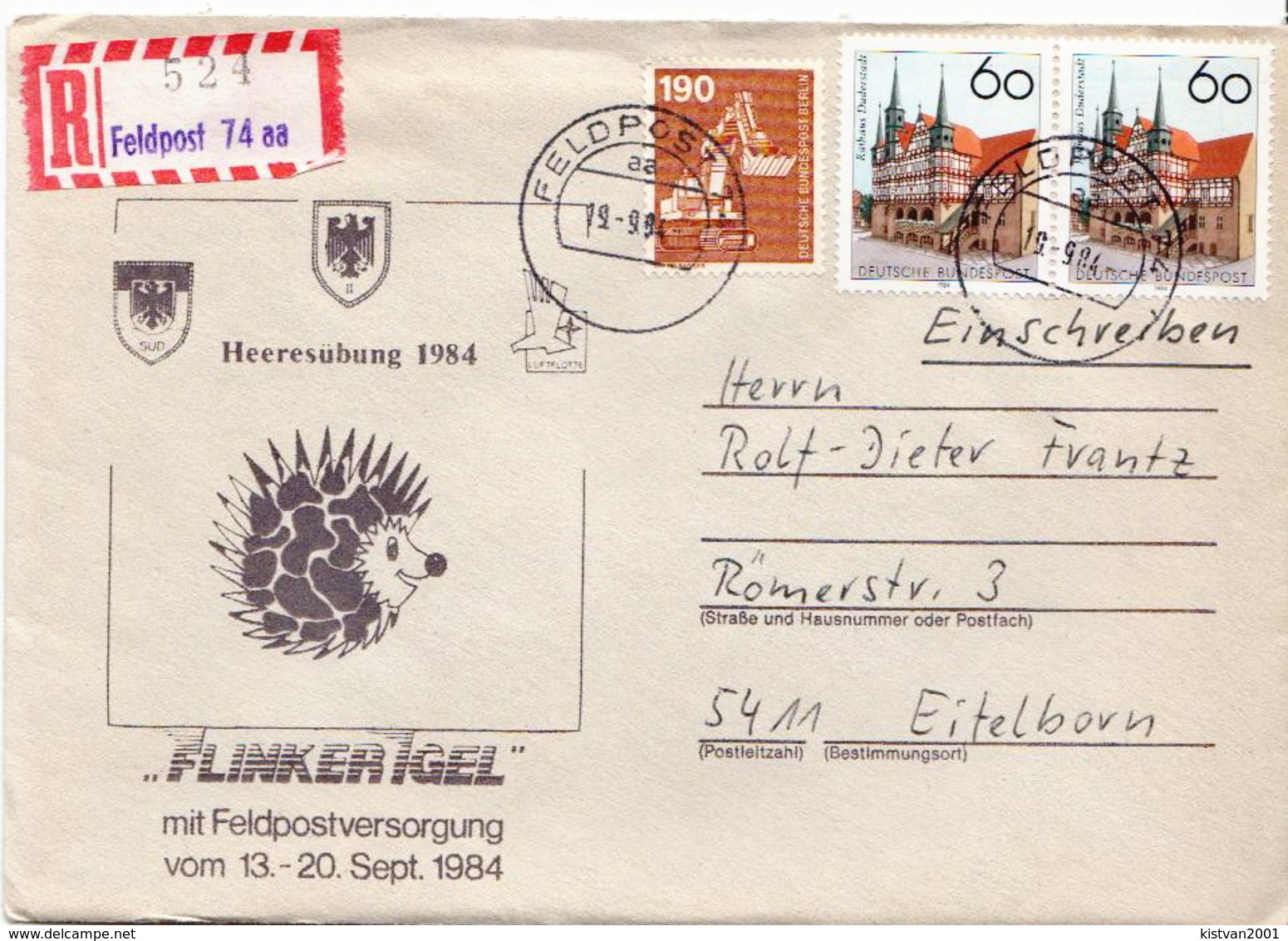 Postal History: Germany Military R Cover Heeresübung'84 Flinker Igel Feldpost 74aa - Militaria