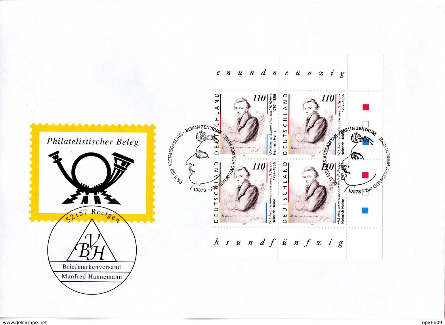 BRD Großform. Schmuck-FDC "200. Geburtstag Von Heinrich Heine", Viererblock Mi. 4x 1962  ESSt 6.11.1997 BERLIN ZENTRUM - Altri & Non Classificati