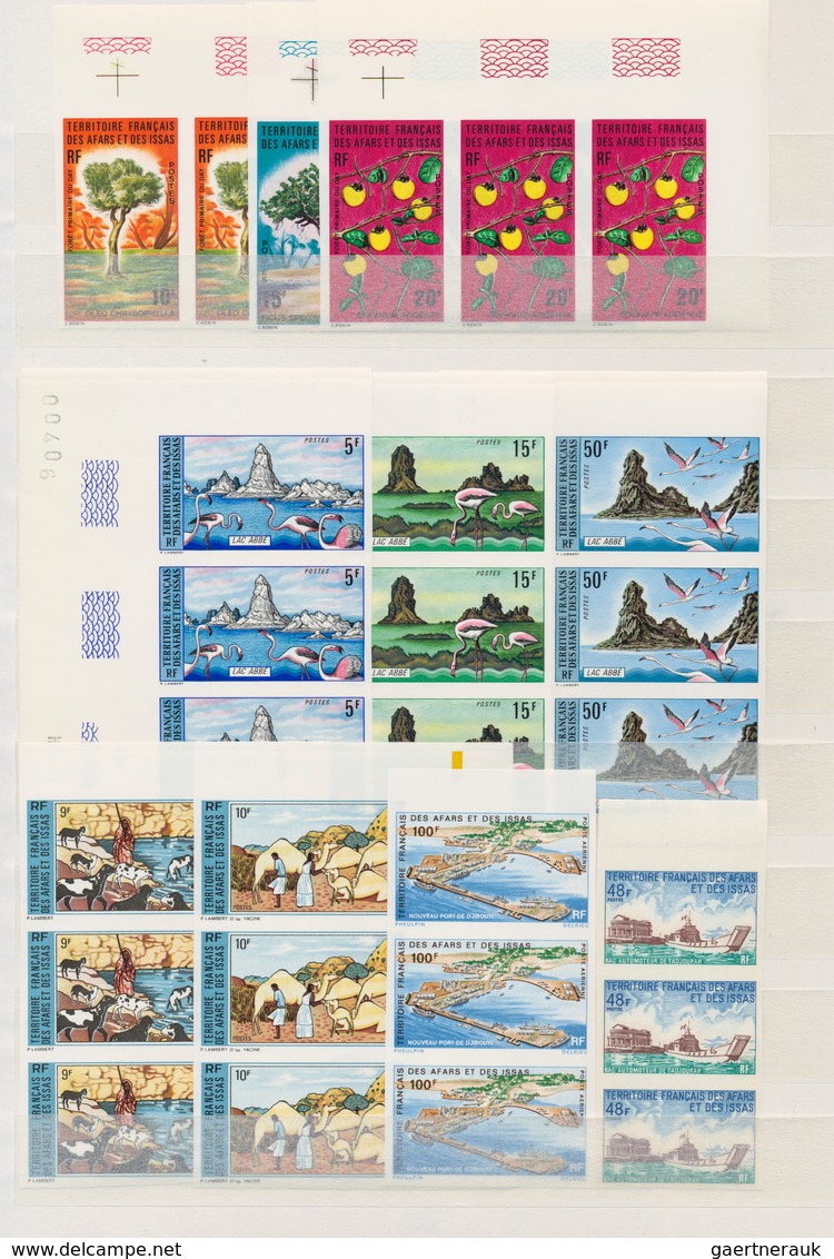 Afar Und Issa: 1970/1977, MNH Collection Of 21 Different Imperforate Stamps, Each As Block Of Three. - Andere & Zonder Classificatie