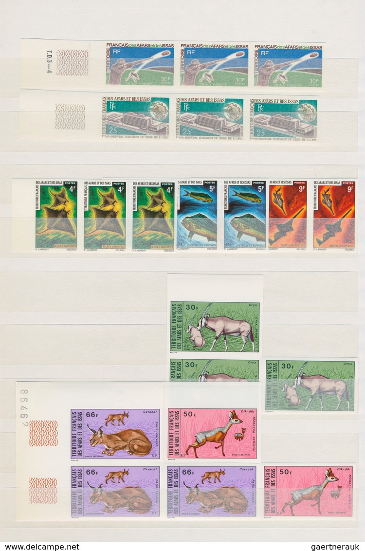 Afar Und Issa: 1970/1977, MNH Collection Of 21 Different Imperforate Stamps, Each As Block Of Three. - Andere & Zonder Classificatie