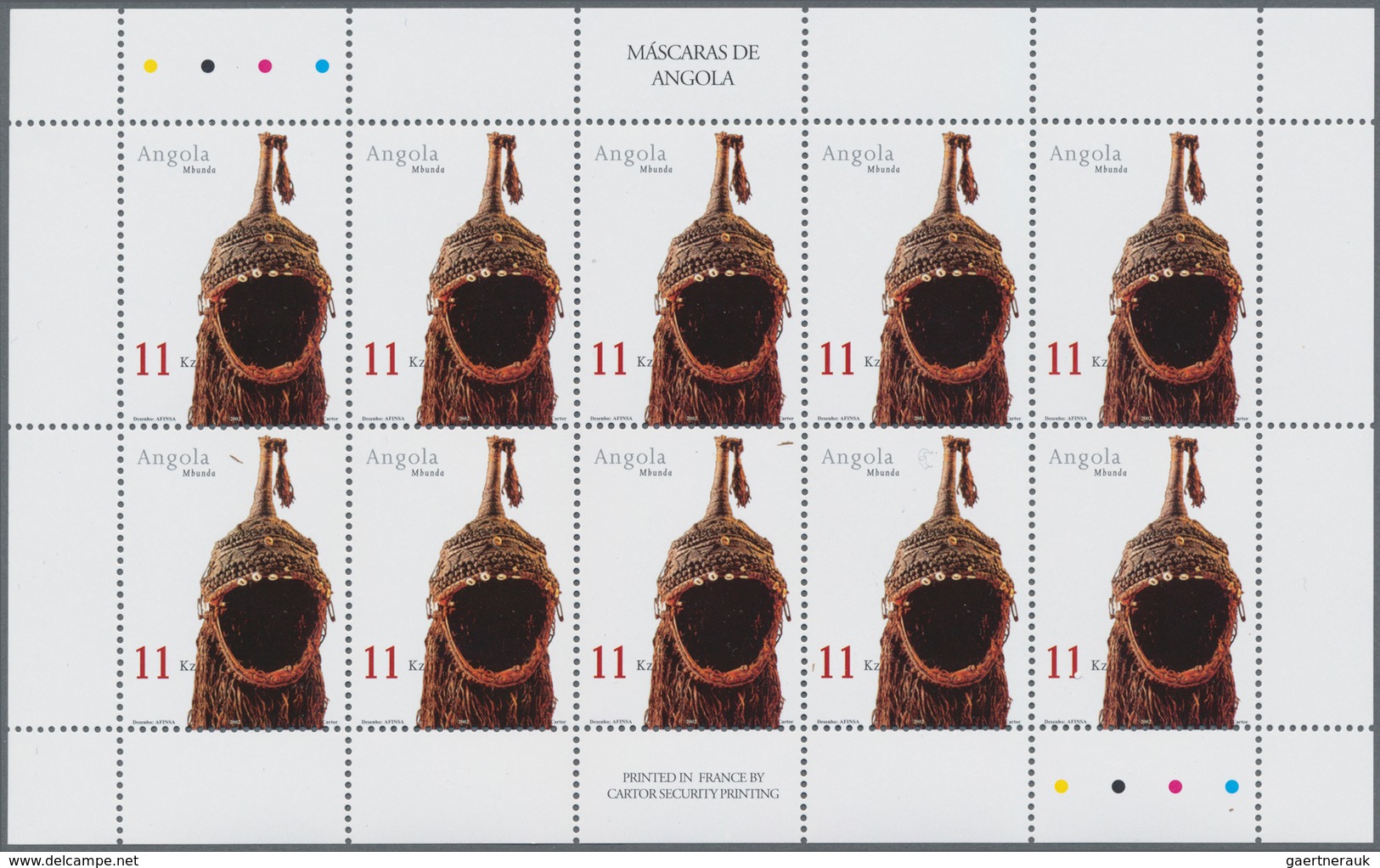 Angola: 2002, MASKS, Complete Set Of Five In An Investment Lot Of 1000 Sets In Minature Sheets Of 10 - Angola