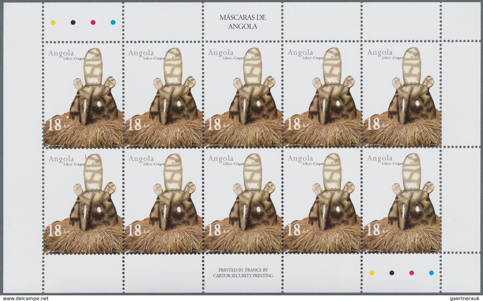 Angola: 2002, MASKS, Complete Set Of Five In An Investment Lot Of 1000 Sets In Minature Sheets Of 10 - Angola