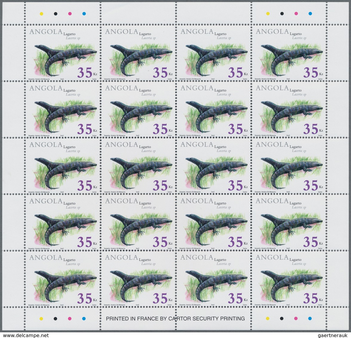 Angola: 2002, REPTILES, Complete Set Of Four In An Investment Lot Of 500 Sets In Sheets Of 20 Per Is - Angola