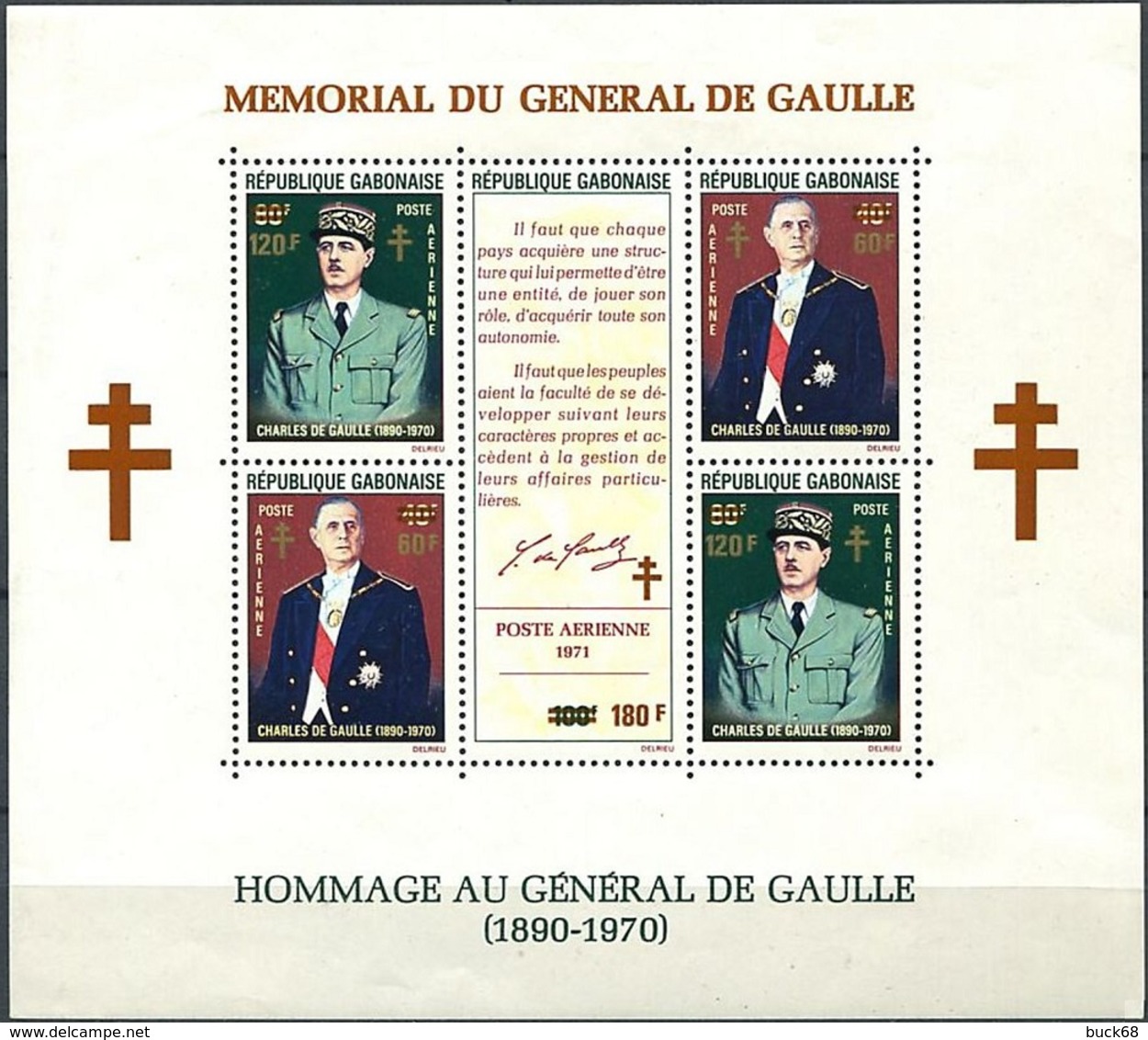 GABON Bloc Feuillet 20 ** MNH Hommage Au Général Charles De Gaulle Croix De Lorraine Surcharge (CV 18 €) - Gabon