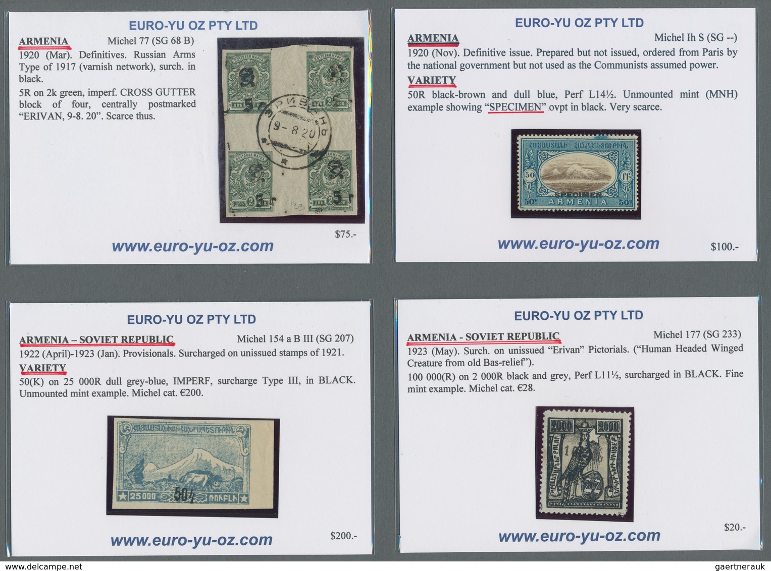 Armenien: 1919/1923, Mint And Used Assortment Of 34 Stamps On Retail Cards, Comprising Unissued Defi - Arménie