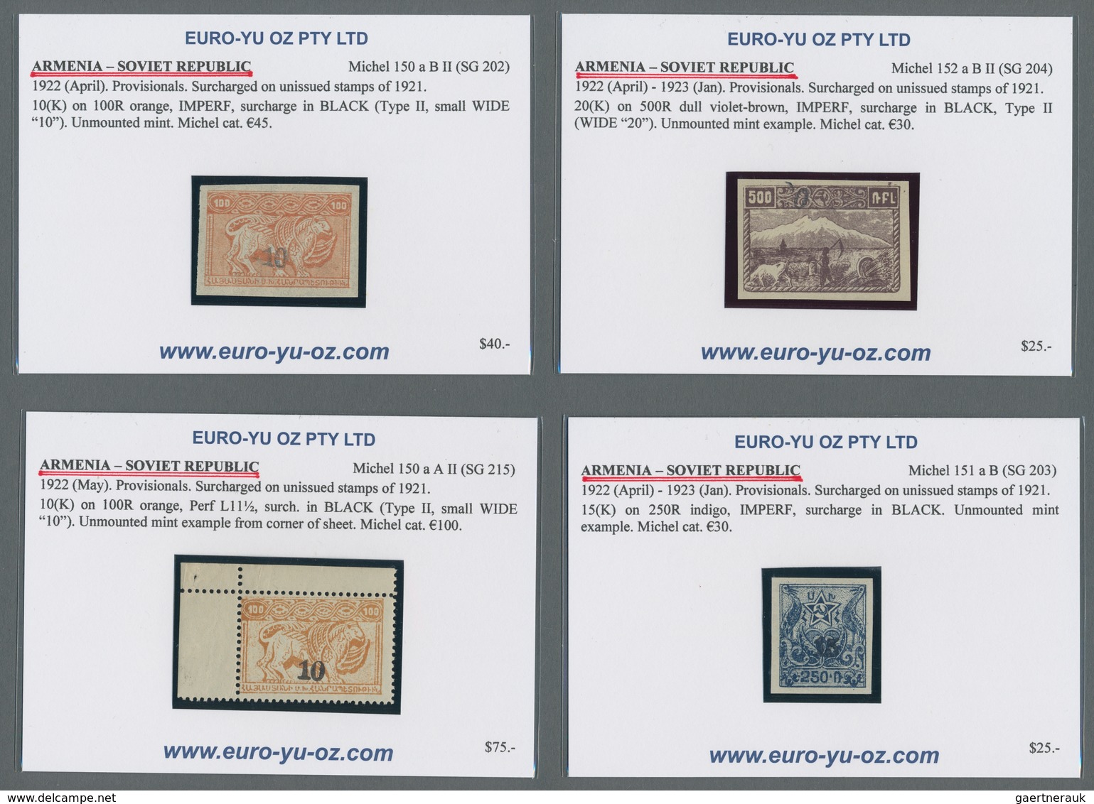 Armenien: 1919/1923, Mint And Used Assortment Of 34 Stamps On Retail Cards, Comprising Unissued Defi - Armenia