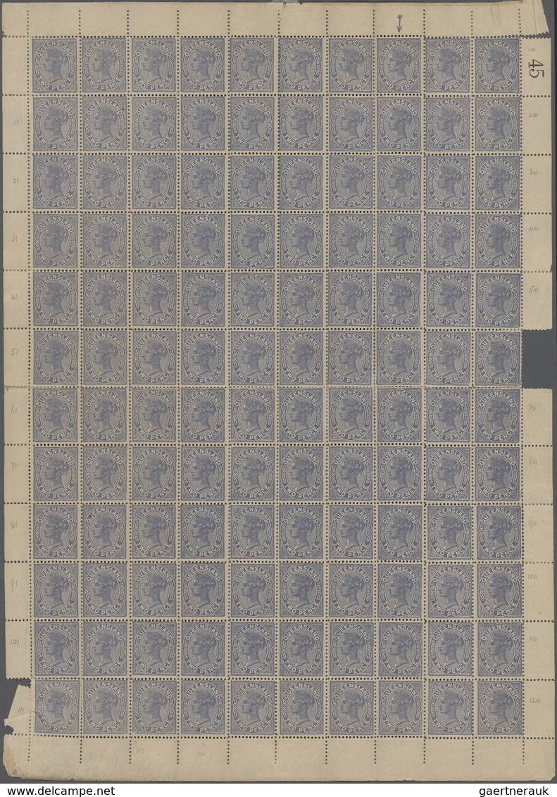 Queensland: 1895, QV 2d. Blue, Complete Sheet Of 120 Stamps (folded/partly Separated), Incl. "FWO PE - Storia Postale