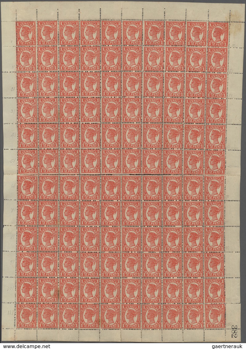 Queensland: 1897, QV 1d. Vermilion, Complete Sheet Of 120 Stamps (folded/partly Separated/reinforced - Briefe U. Dokumente