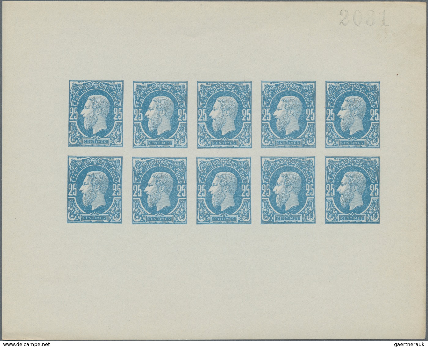Belgisch-Kongo - Kongo-Staat: 1886, 25 C. Leopold II. In Imperforated, Numbered Proof Sheets Of 10 ( - Ungebraucht