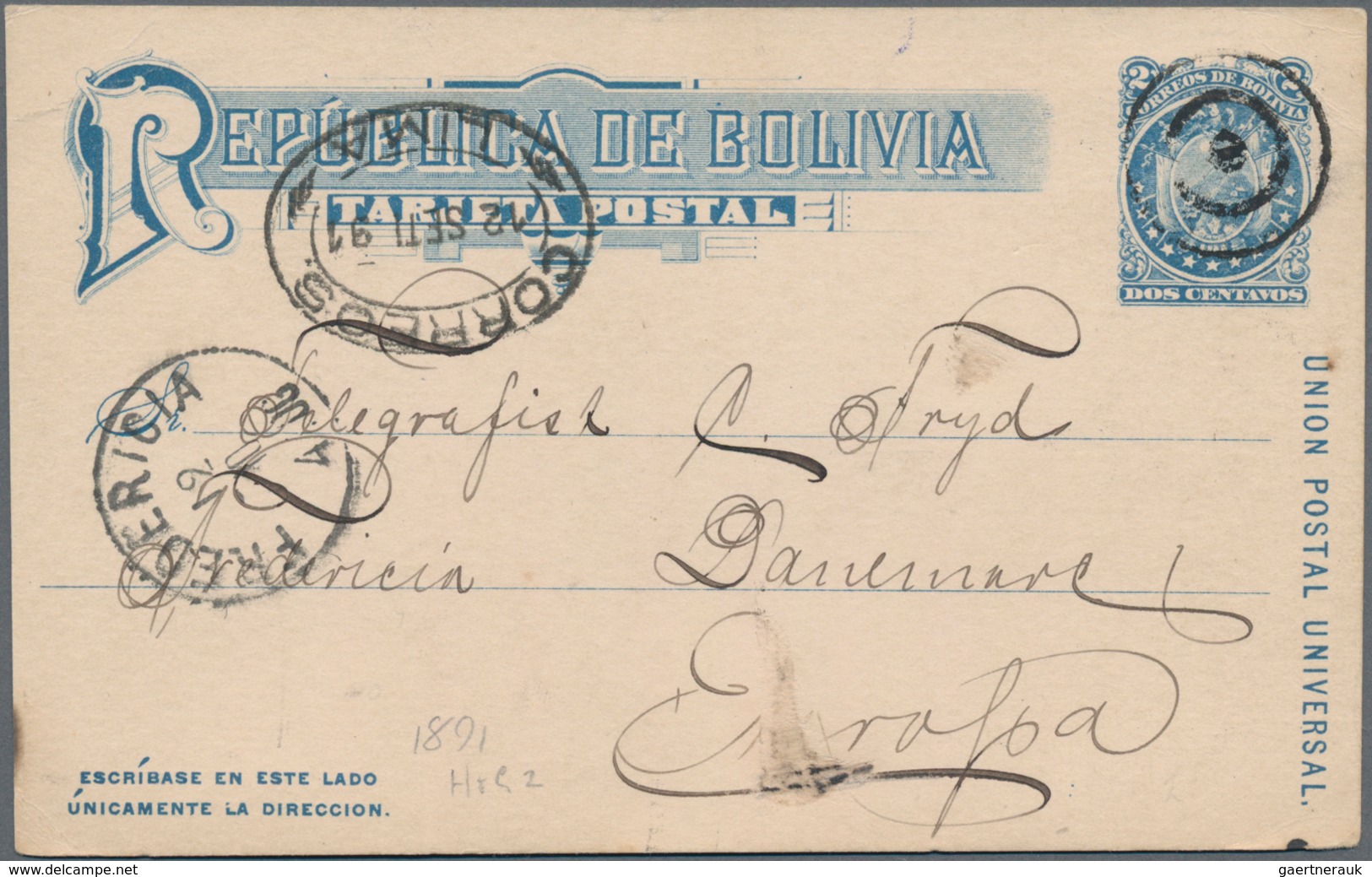 Bolivien: 1863/1960, Lot Of Seven Covers And Cards Bearing 2 C. Stat. Card With Picture On Reverse, - Bolivië