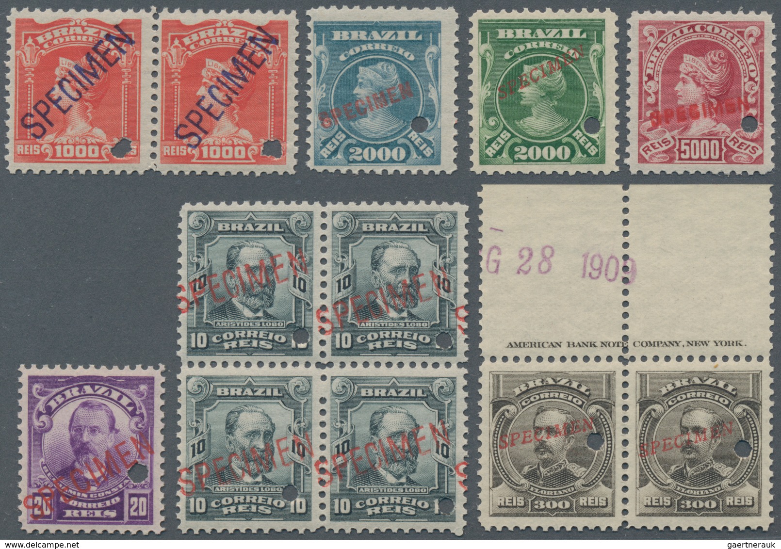 Brasilien: 1906-16, Liberty Issue 50 Stamps In Blocks And Strips Overprinted "SPECIMEN" In Different - Usados