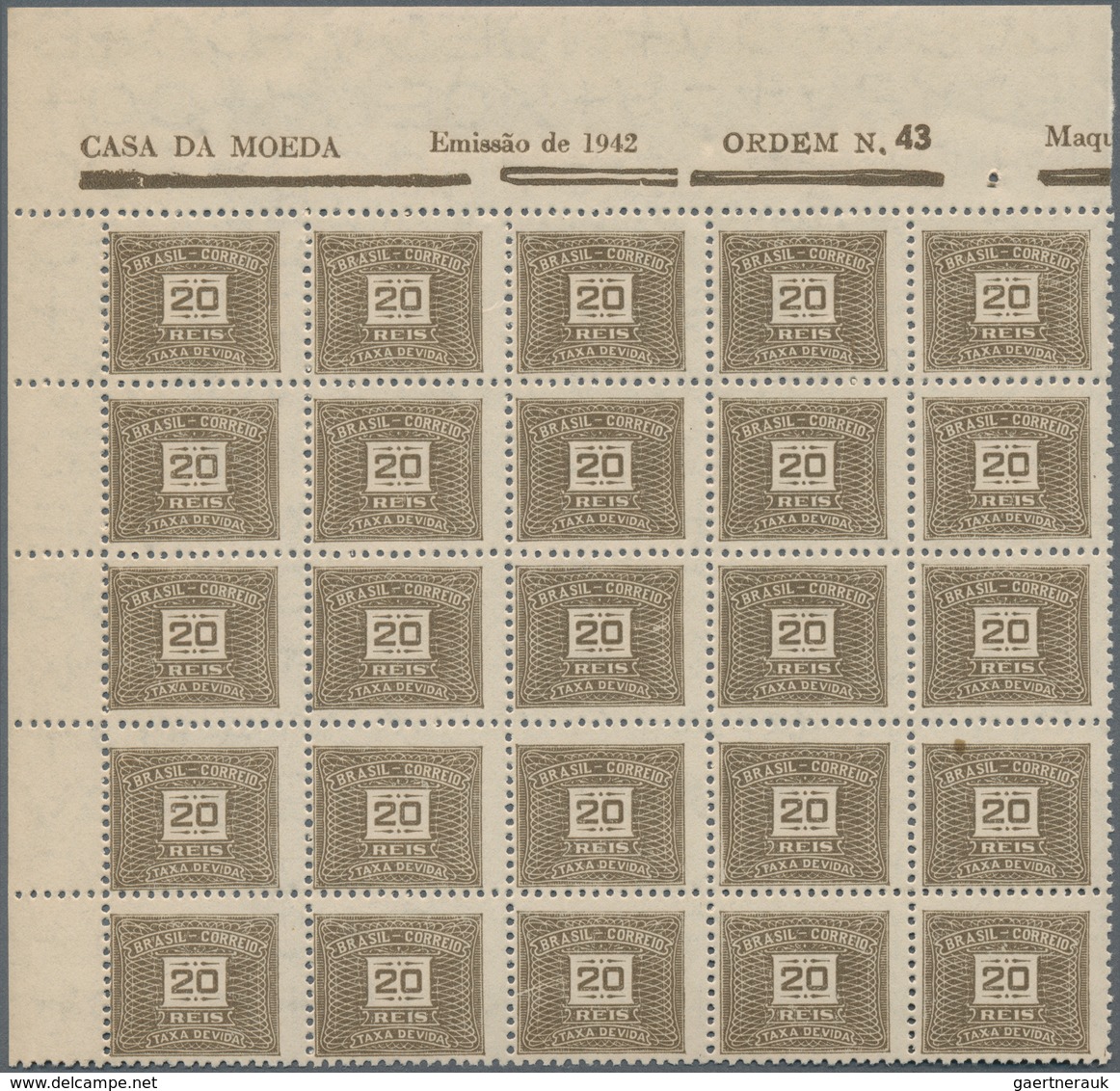 Brasilien - Portomarken: 1949, Postage Due 20 Reis Grey Brown (Wm.17), 591 Stamps In Large Blocks Wi - Impuestos