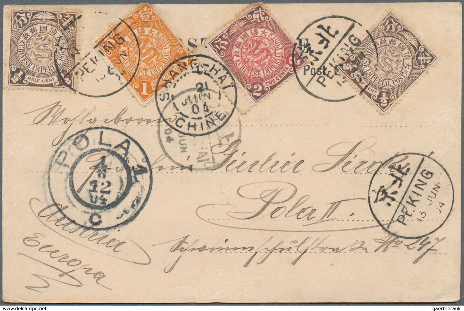 China: 1902, coiling dragons 1/2 C.-4 C. on ppc (9) all real used to Austria-Hungary at the 4 C. UPU