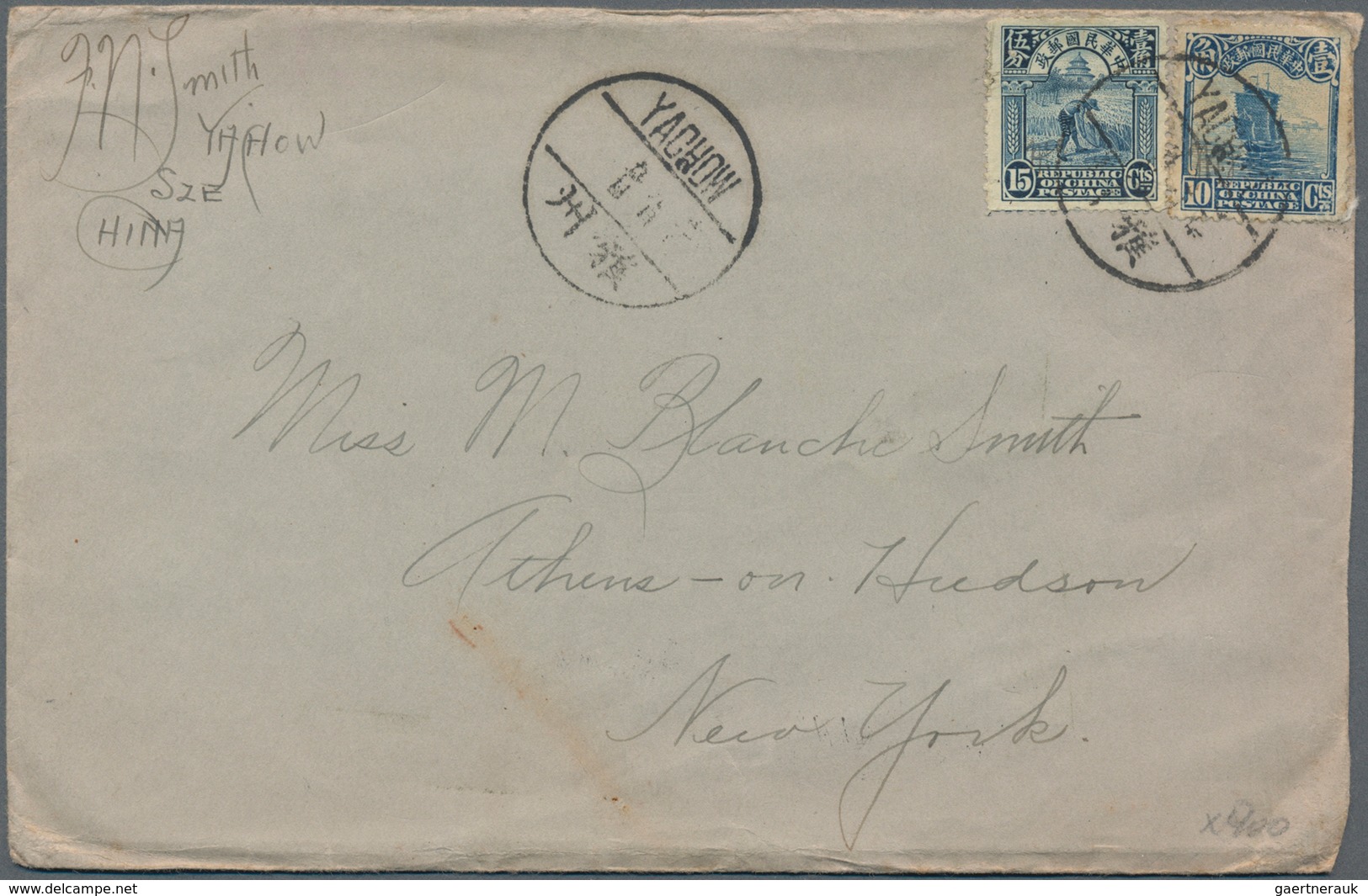 China: 1913/33, junk/reaper on cover (48 inc. few used ppc + 1 front) almost exclusively o foreign i