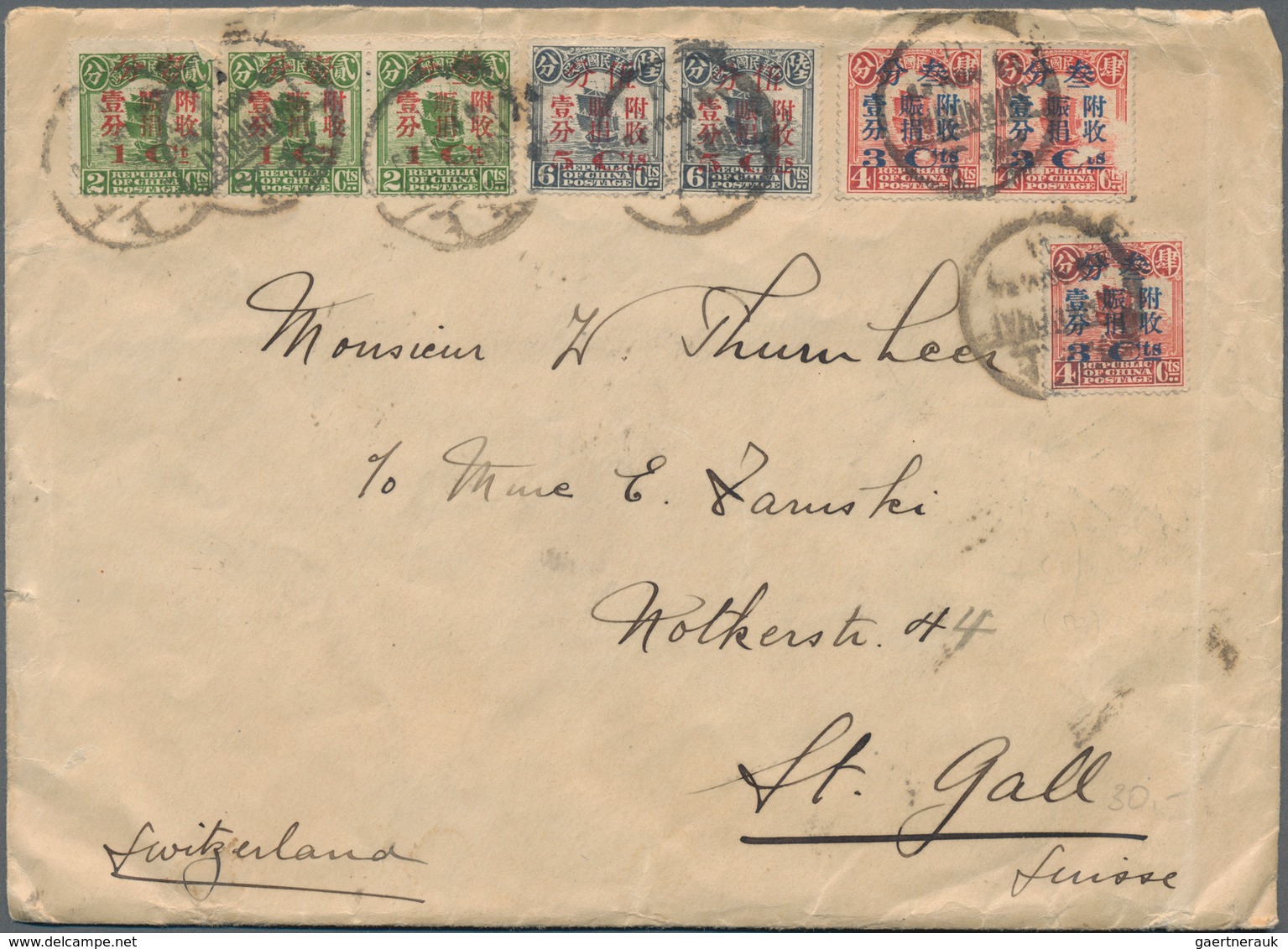 China: 1913/33, junk/reaper, covers (23 + 2 fronts) to Switzerland inc. surcharged, registration.