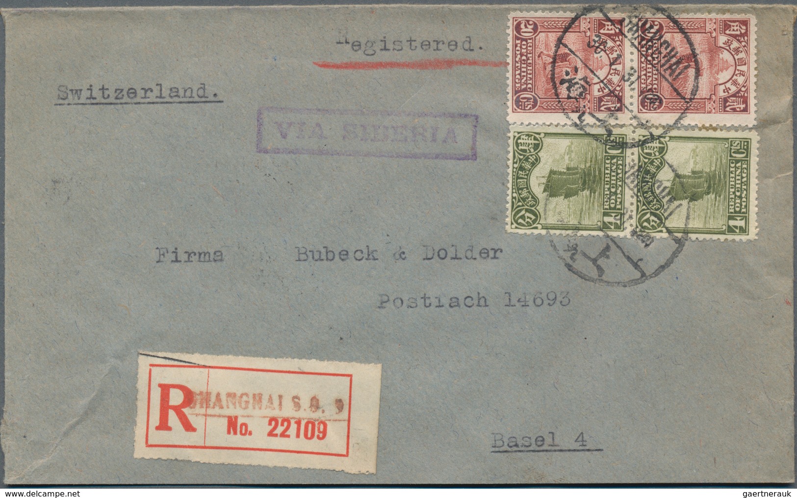 China: 1913/33, junk/reaper, covers (23 + 2 fronts) to Switzerland inc. surcharged, registration.