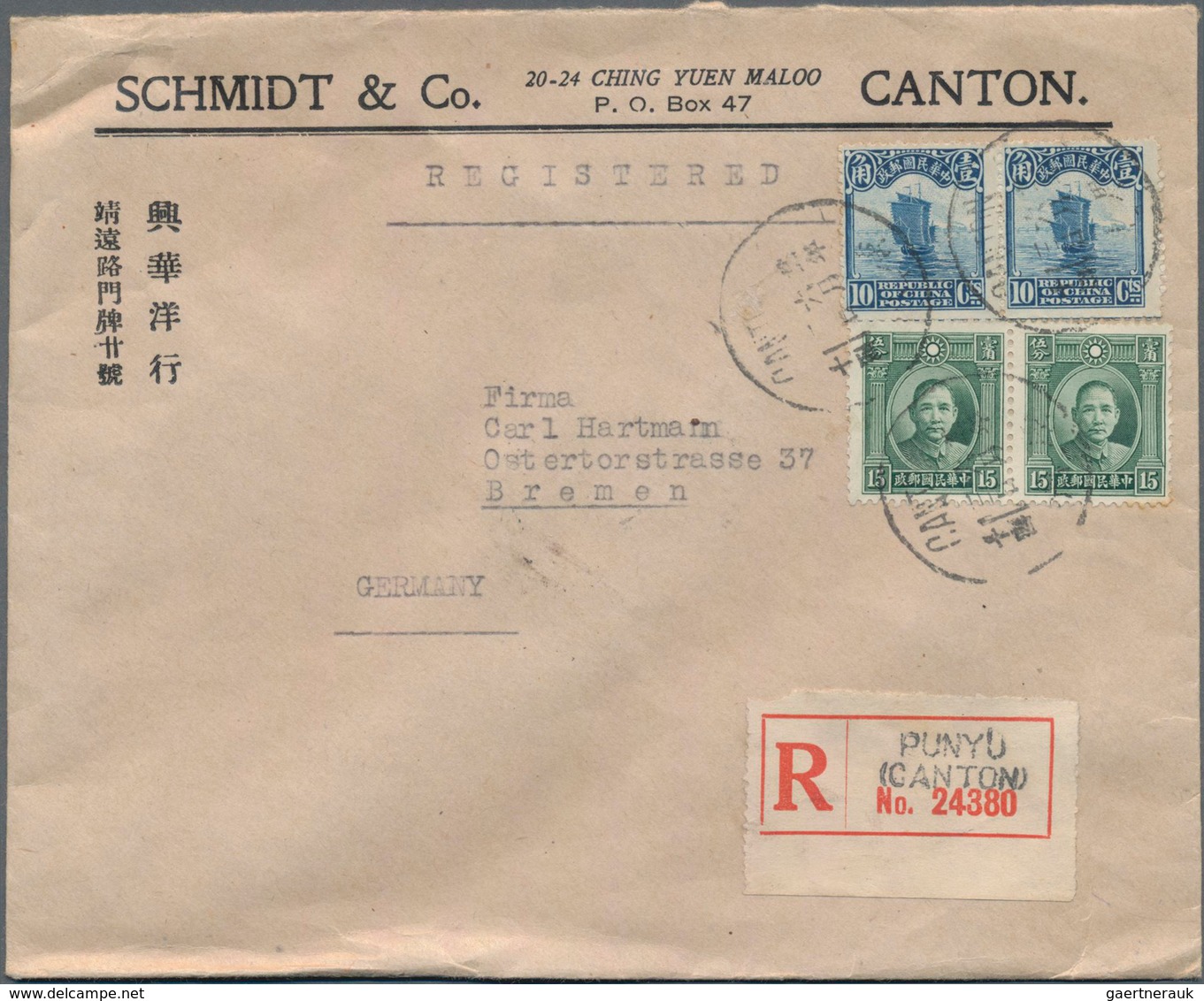 China: 1923/32, (ca.), correspondence of covers (30, inc. 17 registered) all to Germany, from Schmid