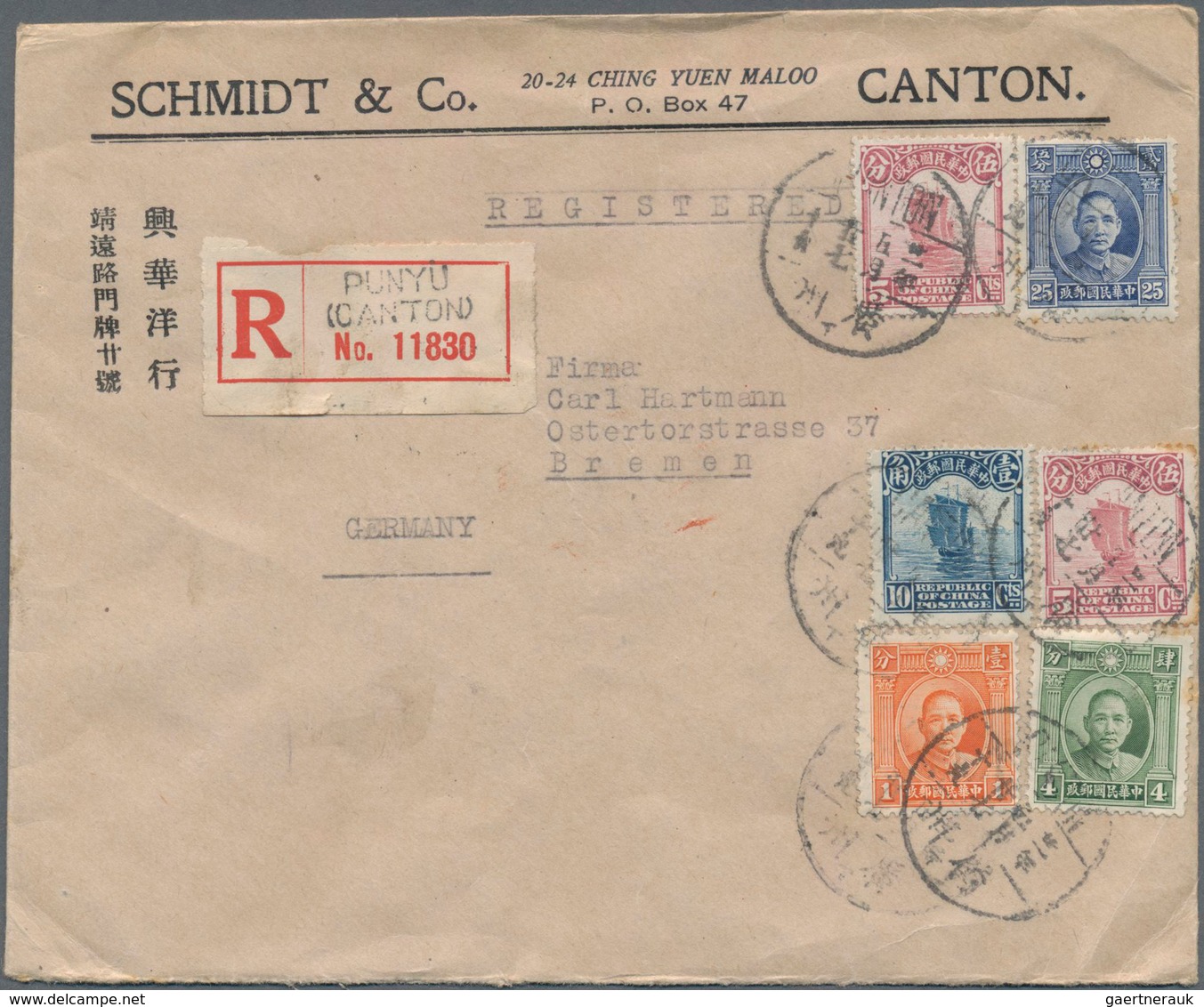 China: 1923/32, (ca.), correspondence of covers (30, inc. 17 registered) all to Germany, from Schmid