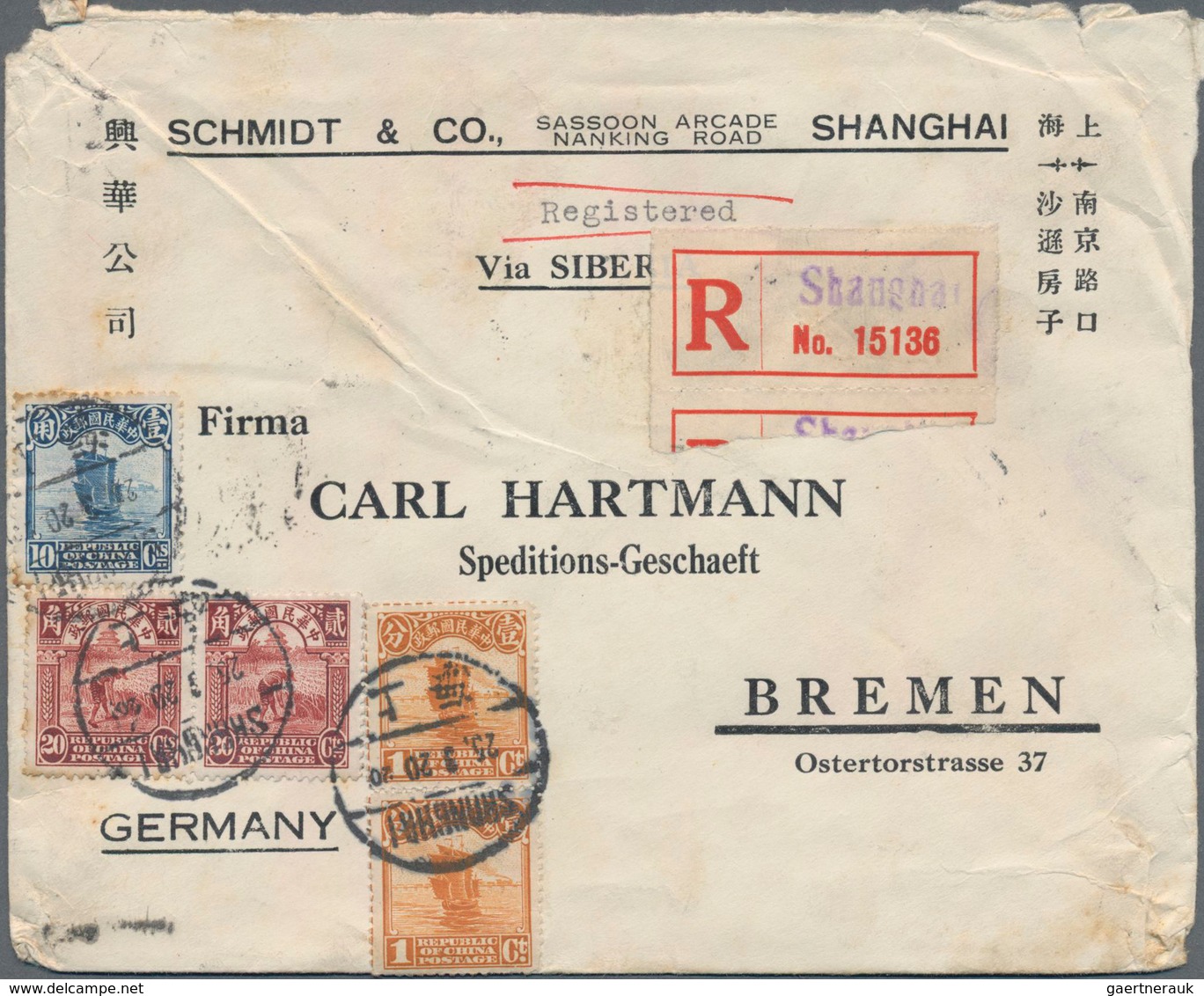 China: 1923/32, (ca.), correspondence of covers (30, inc. 17 registered) all to Germany, from Schmid