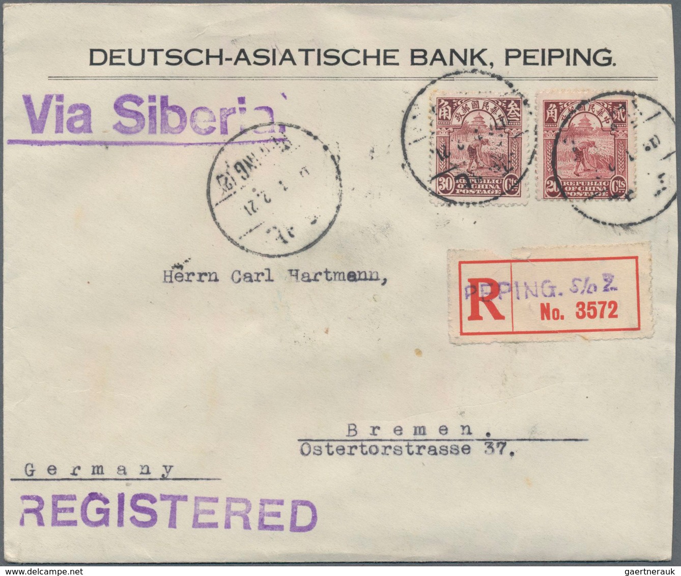 China: 1923/32, (ca.), correspondence of covers (30, inc. 17 registered) all to Germany, from Schmid