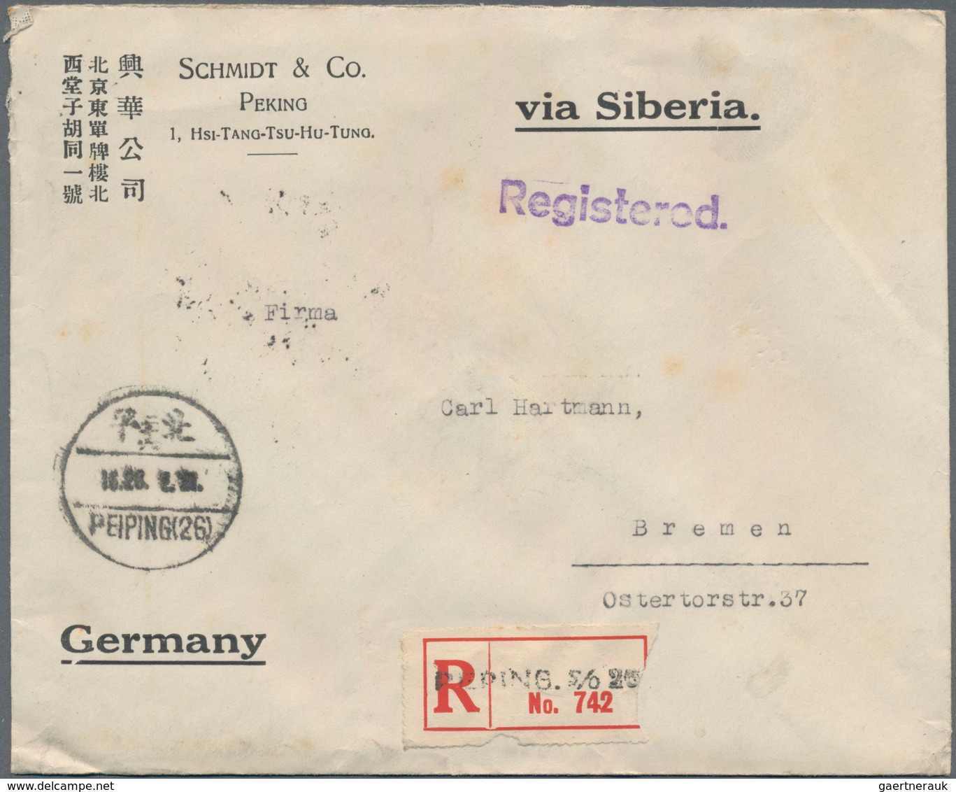 China: 1923/32, (ca.), correspondence of covers (30, inc. 17 registered) all to Germany, from Schmid